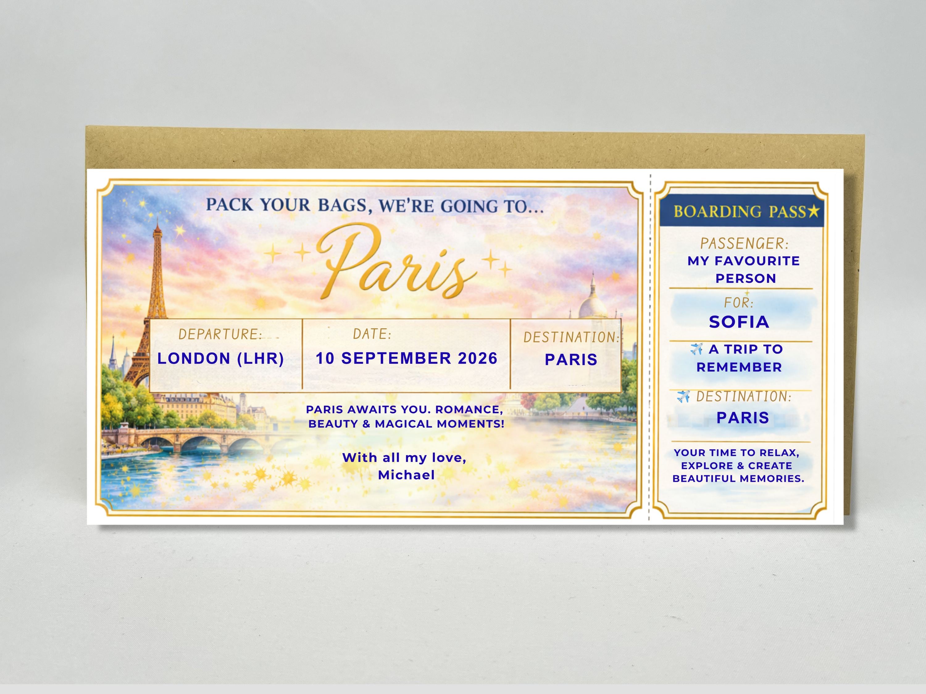 Personalised Surprise Trip Boarding Pass – Gold Scratch Reveal Ticket for Any Holiday Destination