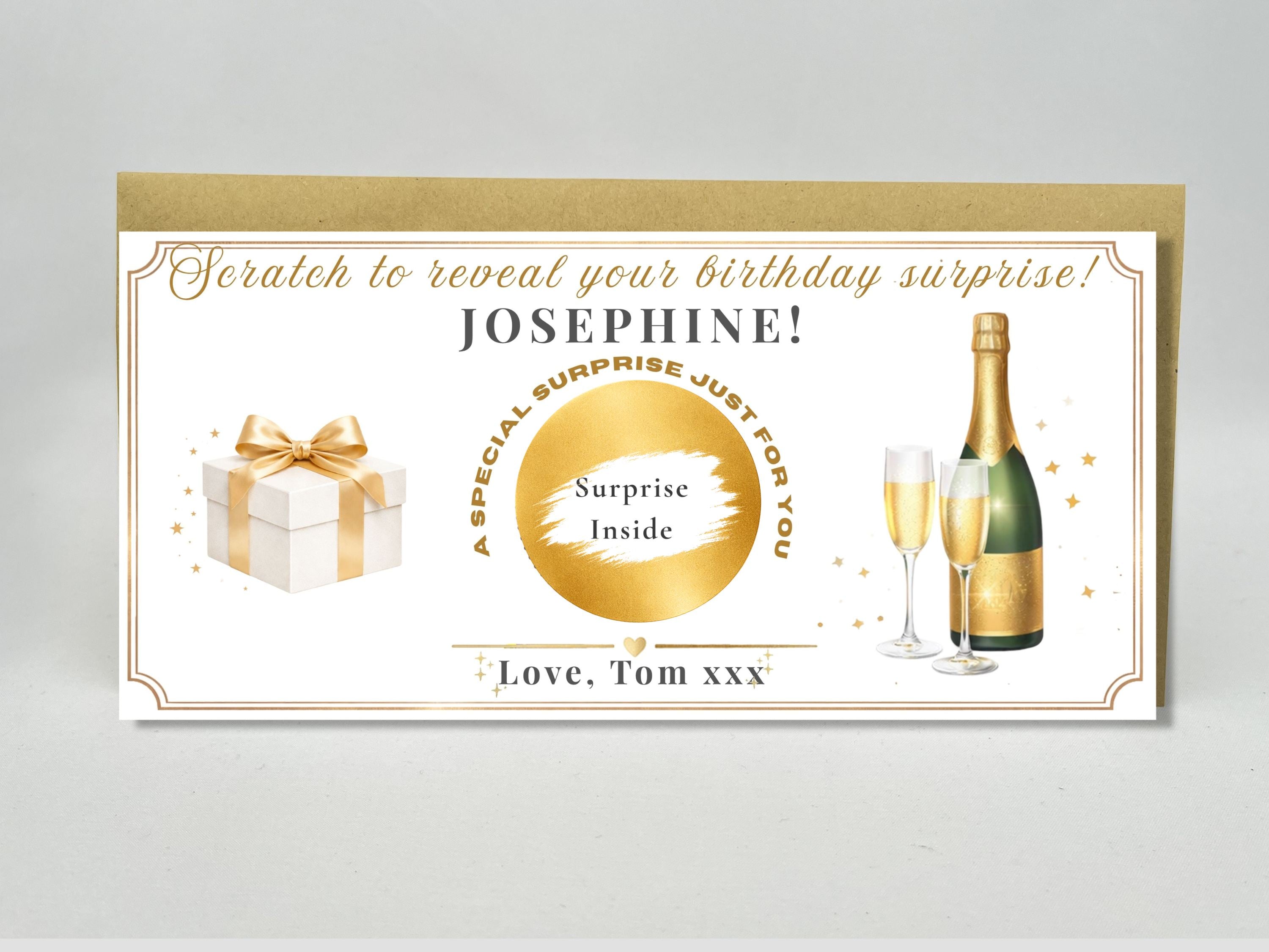 Personalised Champagne & Gift Birthday Scratch Card – Gold Reveal for Luxury Surprises