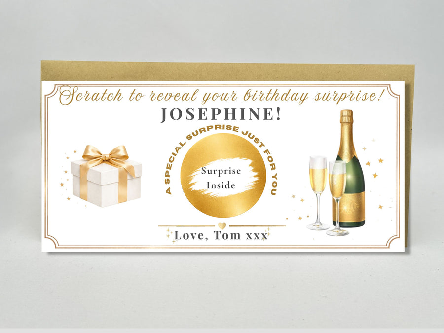 Personalised Champagne & Gift Birthday Scratch Card – Gold Reveal for Luxury Surprises