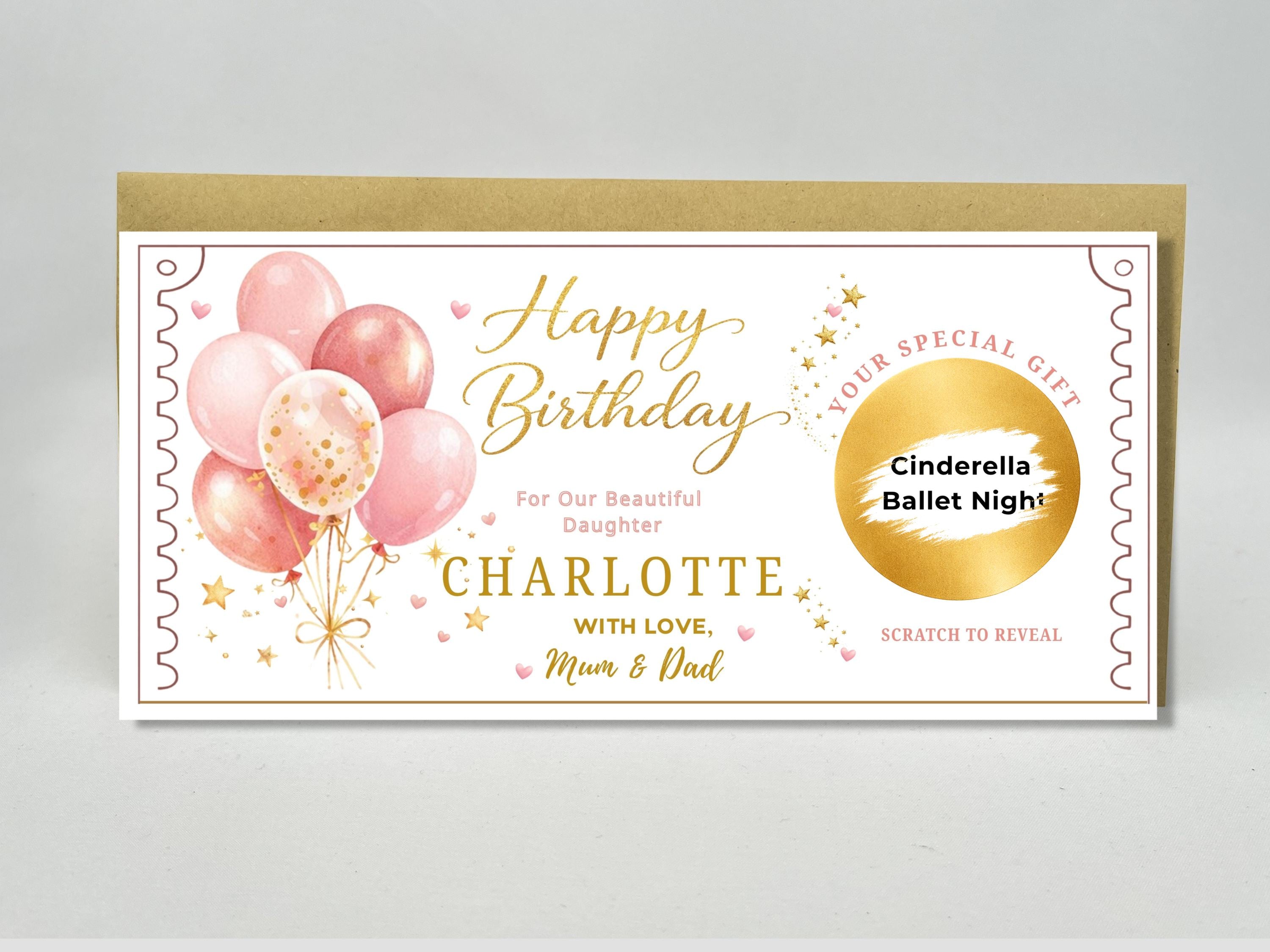 Personalised Pink Balloons Birthday Scratch Card - Pink and Gold