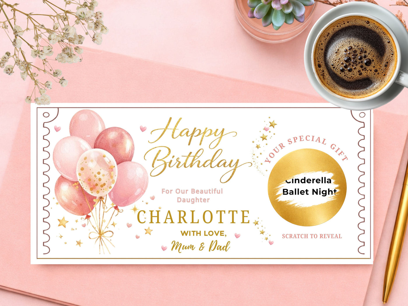 Personalised Pink Balloons Birthday Scratch Card - Pink and Gold