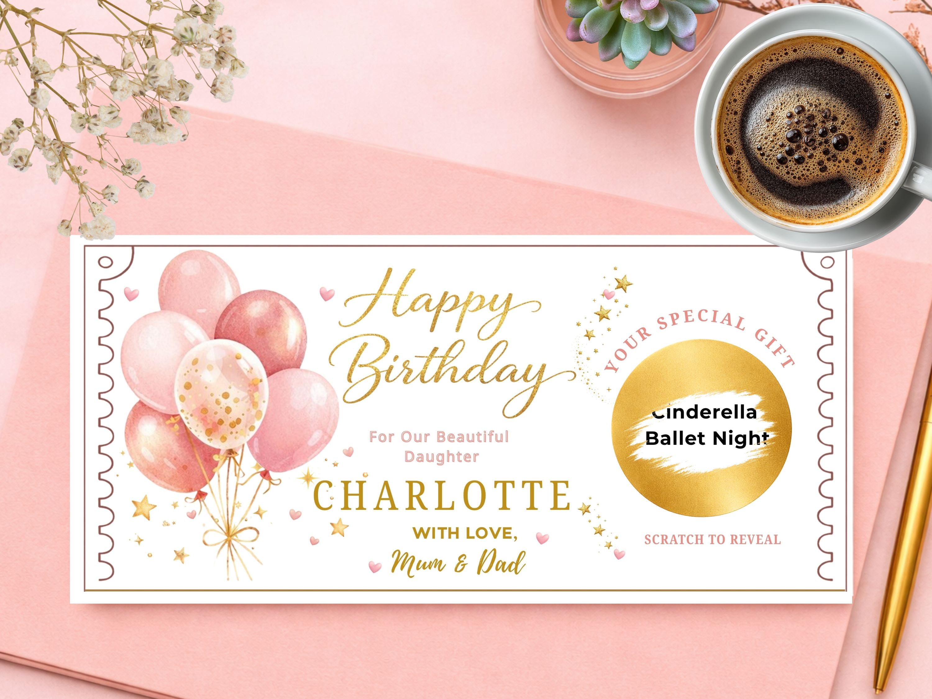 Personalised Pink Balloons Birthday Scratch Card - Pink and Gold