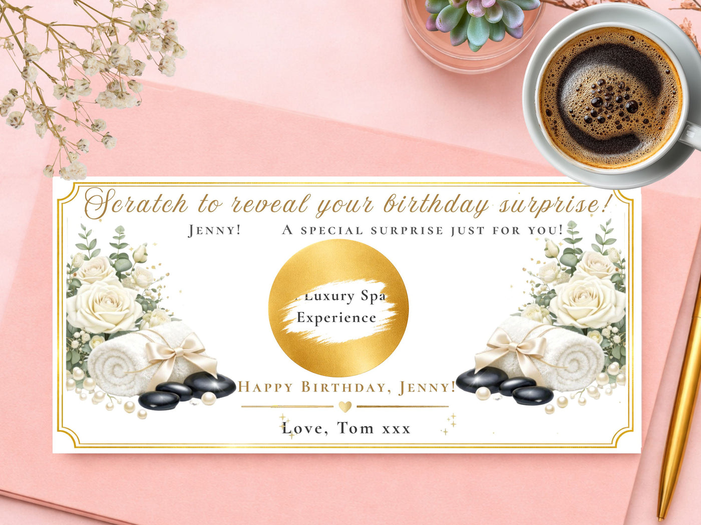 Personalised Spa Experience Reveal Card – Luxury White Rose & Hot Stone Surprise Gift