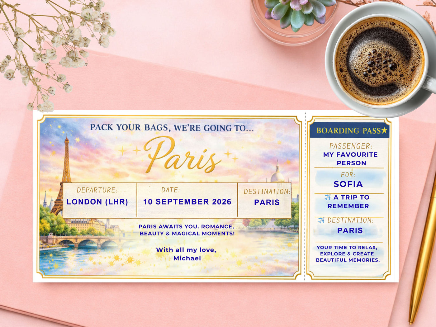 Personalised Surprise Trip Boarding Pass – Gold Scratch Reveal Ticket for Any Holiday Destination