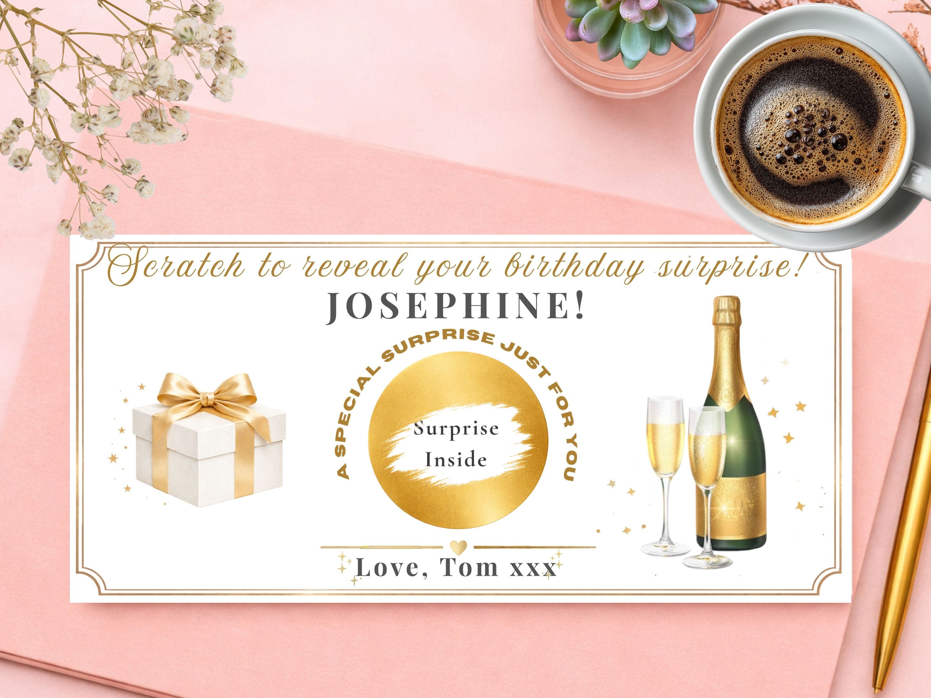 Personalised Champagne & Gift Birthday Scratch Card – Gold Reveal for Luxury Surprises