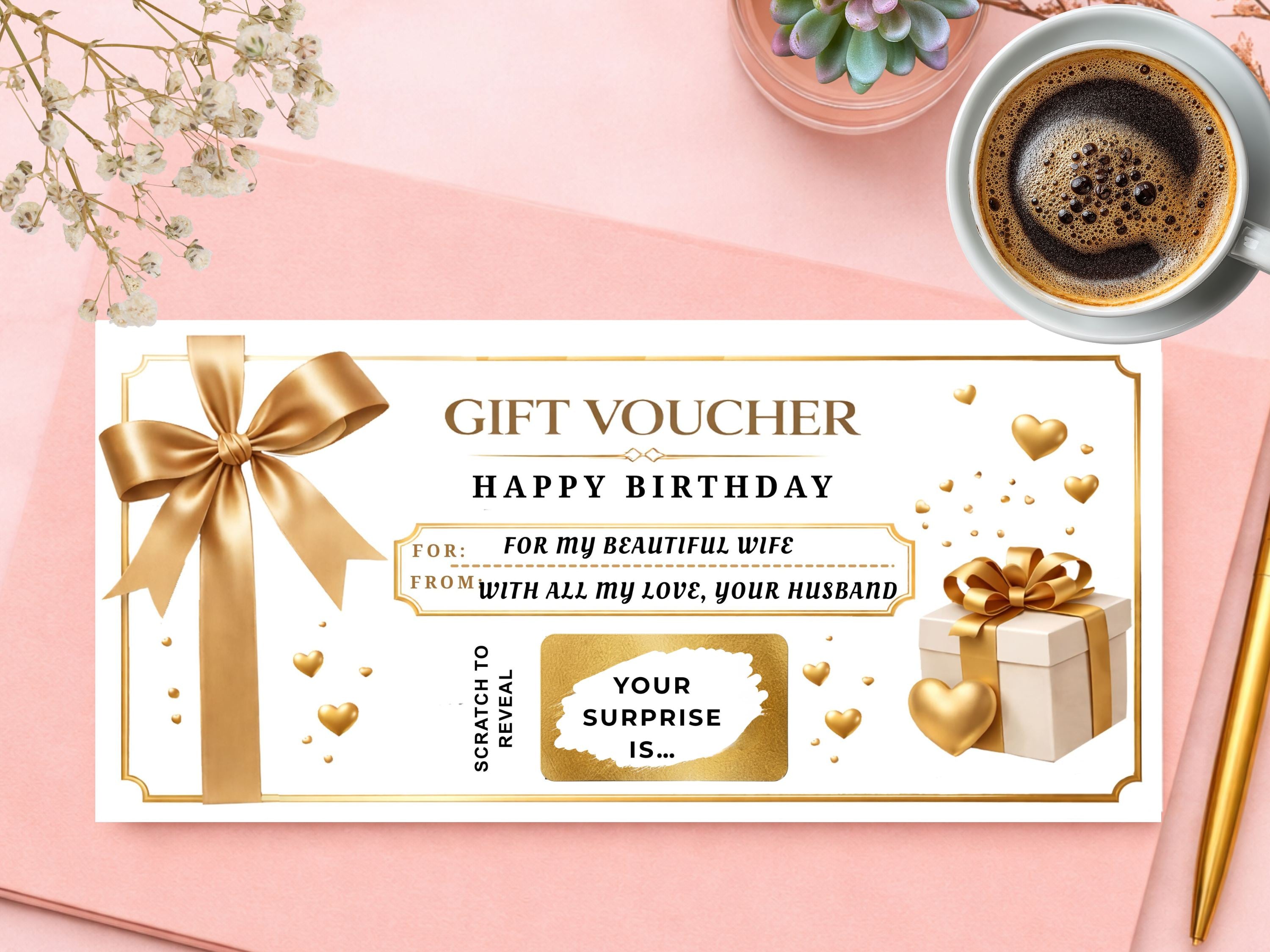 Personalised Luxury Birthday Gift Voucher Scratch Card – Gold Ribbon Reveal for Special Gifts