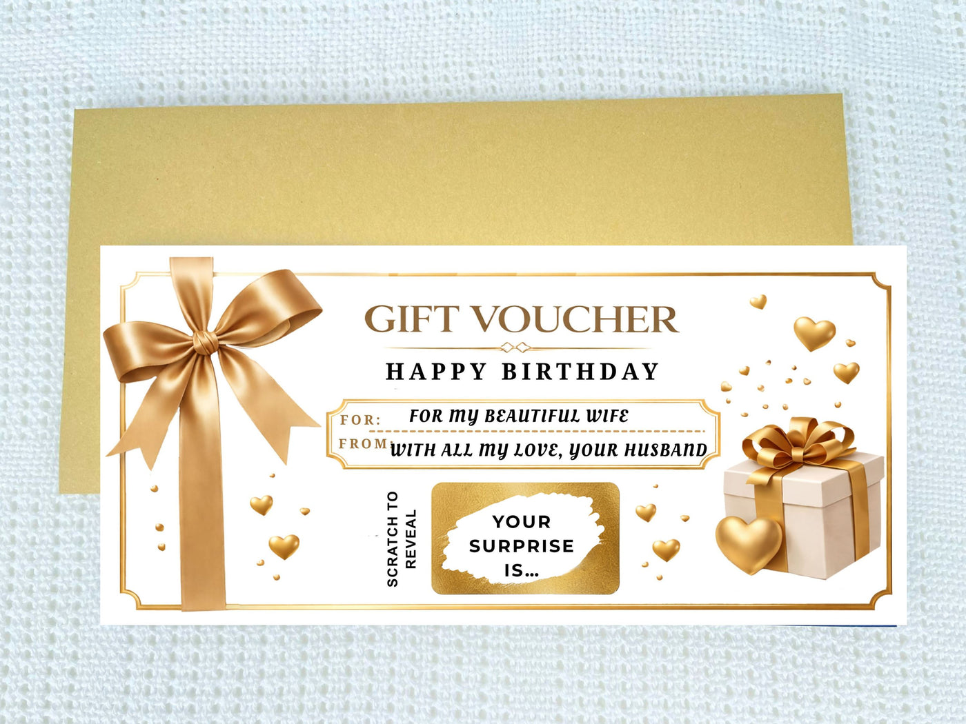 Personalised Luxury Birthday Gift Voucher Scratch Card – Gold Ribbon Reveal for Special Gifts