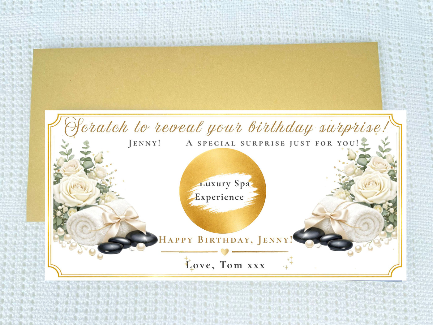 Personalised Spa Experience Reveal Card – Luxury White Rose & Hot Stone Surprise Gift