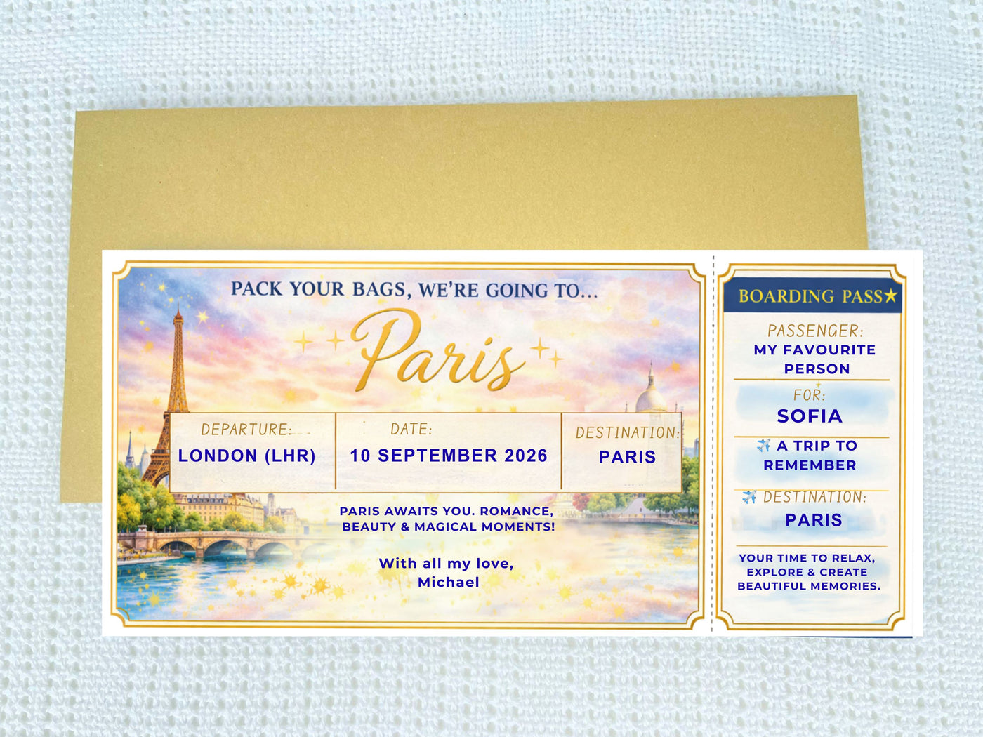 Personalised Surprise Trip Boarding Pass – Gold Scratch Reveal Ticket for Any Holiday Destination