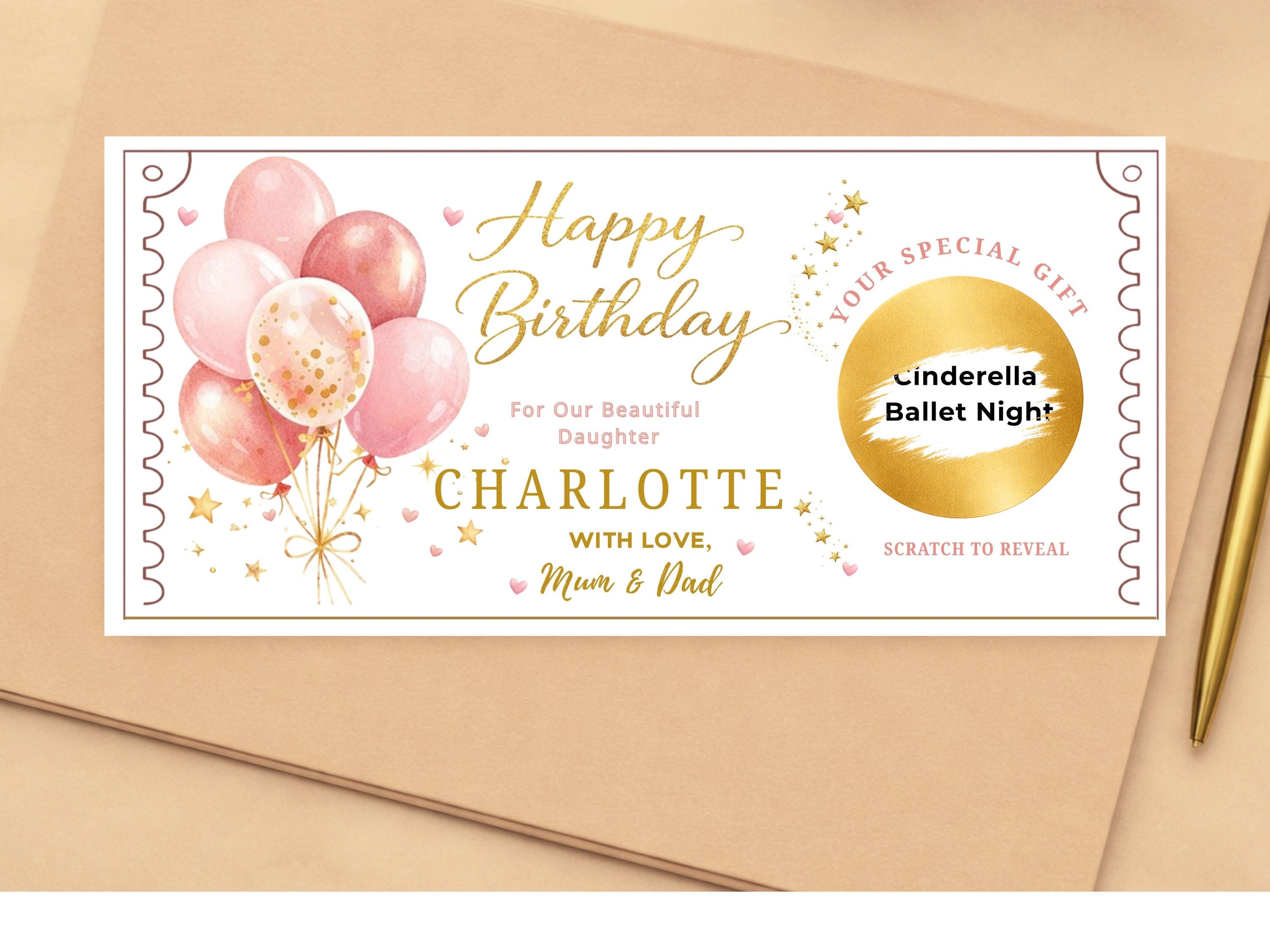 Personalised Pink Balloons Birthday Scratch Card - Pink and Gold