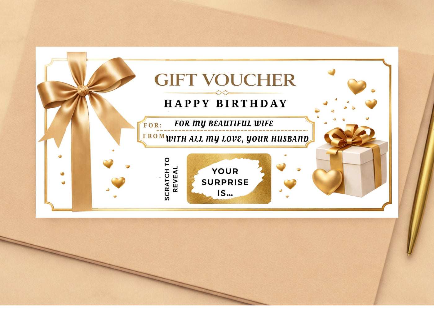 Personalised Luxury Birthday Gift Voucher Scratch Card – Gold Ribbon Reveal for Special Gifts