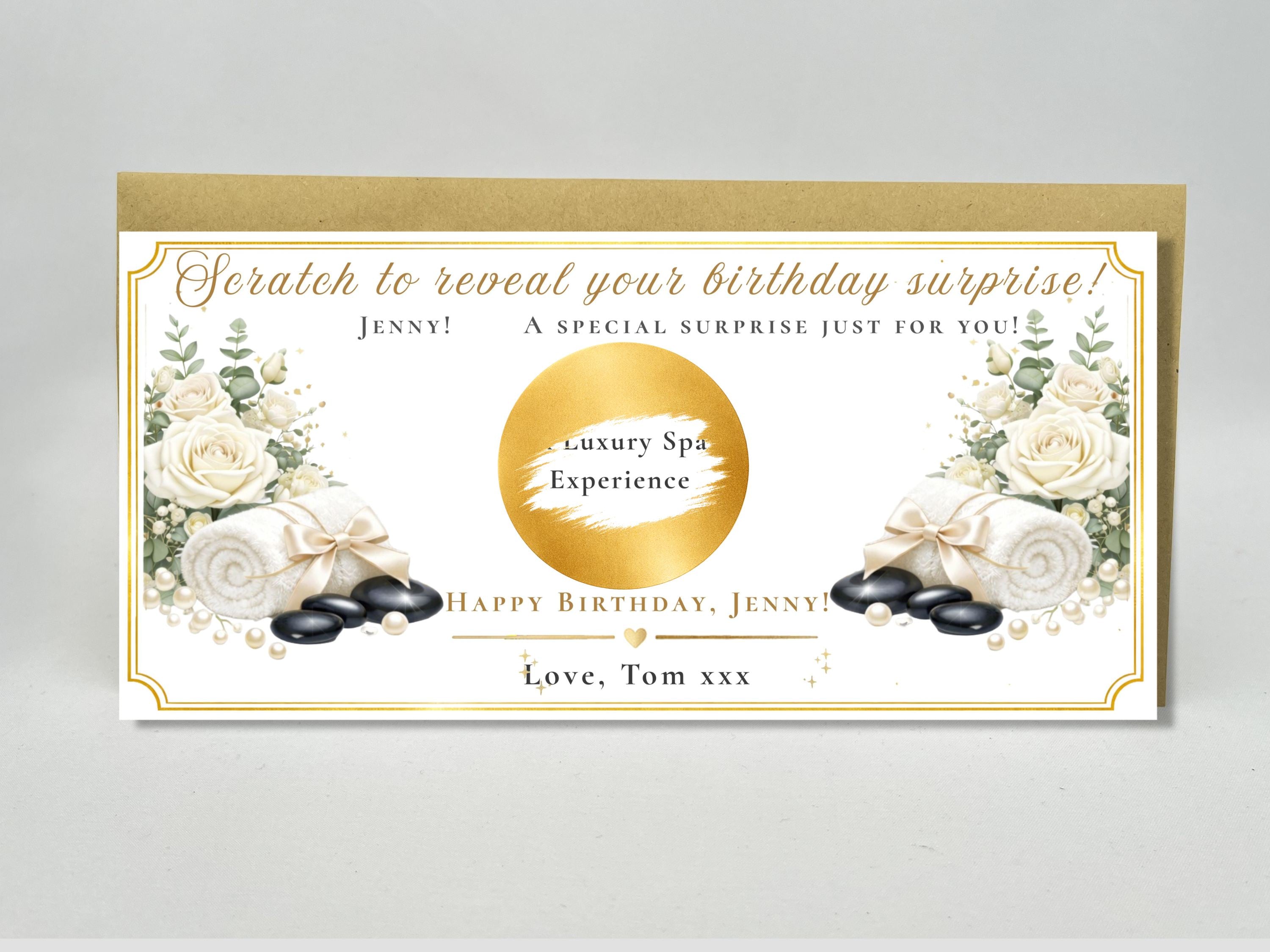 Personalised Spa Experience Reveal Card – Luxury White Rose & Hot Stone Surprise Gift