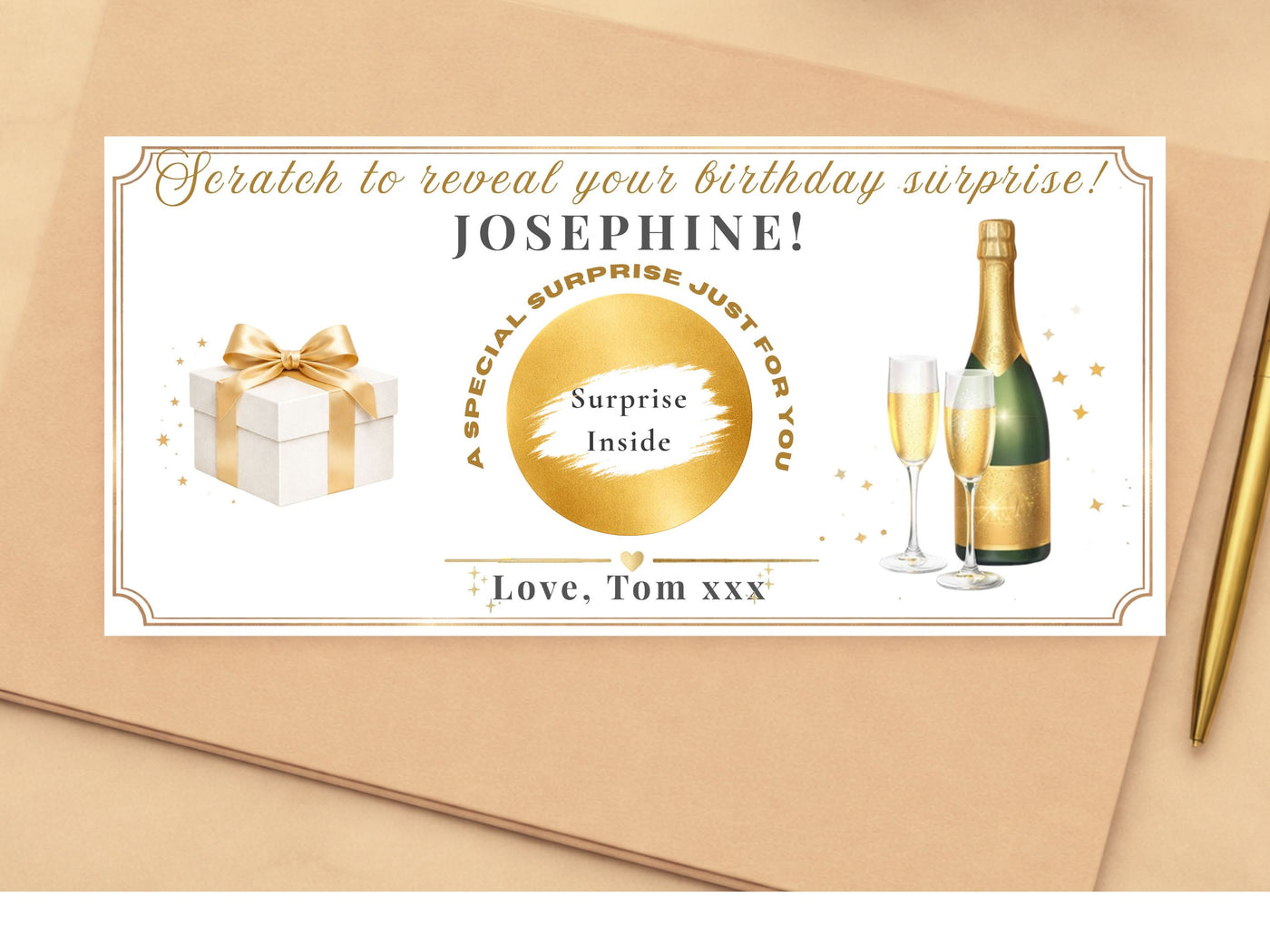 Personalised Champagne & Gift Birthday Scratch Card – Gold Reveal for Luxury Surprises