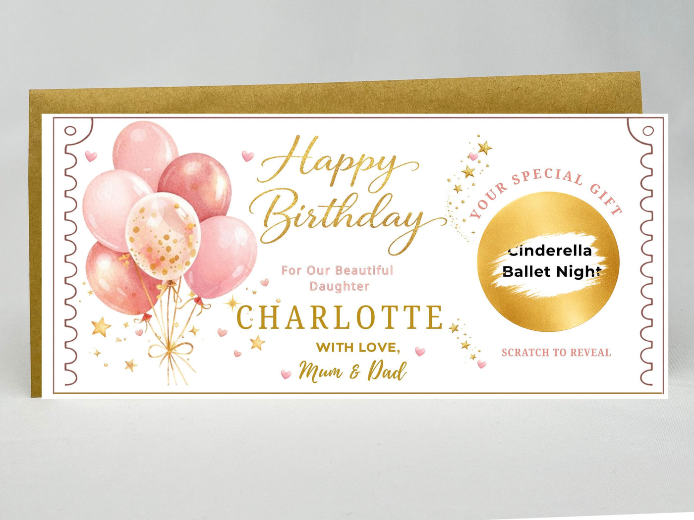 Personalised Pink Balloons Birthday Scratch Card - Pink and Gold