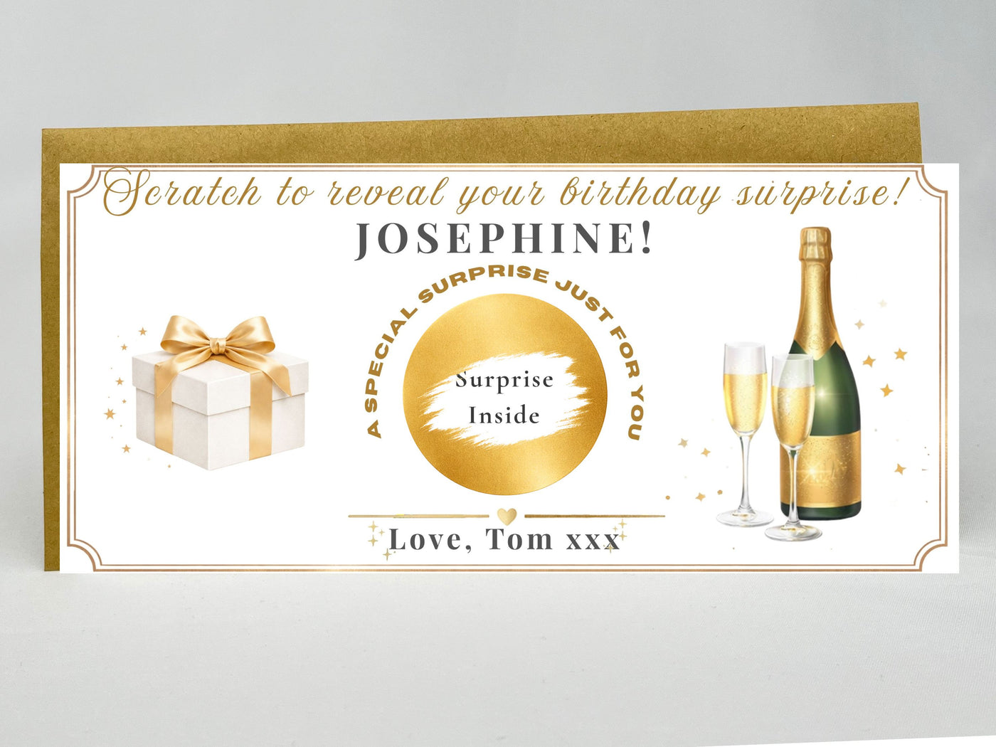 Personalised Champagne & Gift Birthday Scratch Card – Gold Reveal for Luxury Surprises