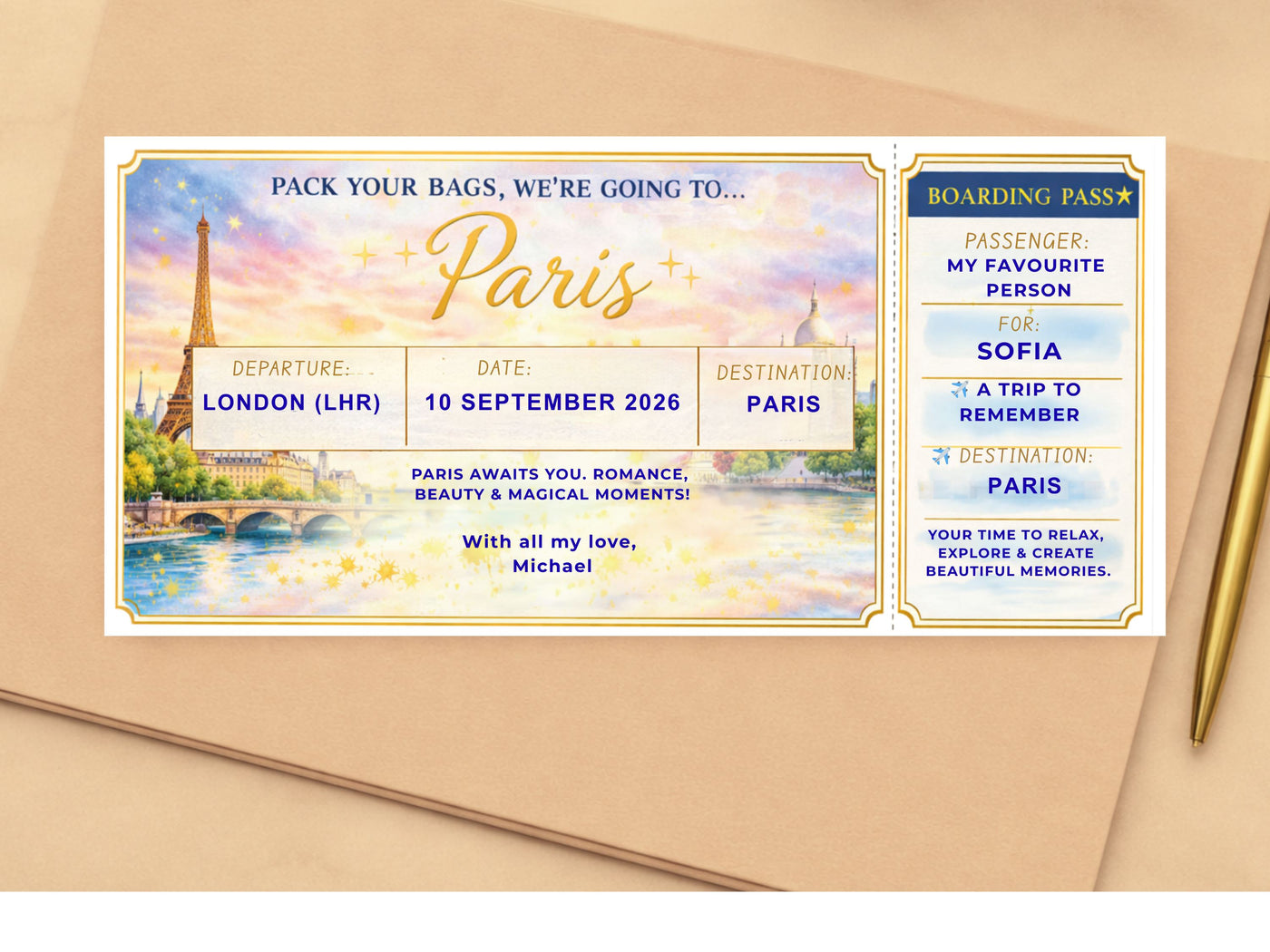 Personalised Surprise Trip Boarding Pass – Gold Scratch Reveal Ticket for Any Holiday Destination