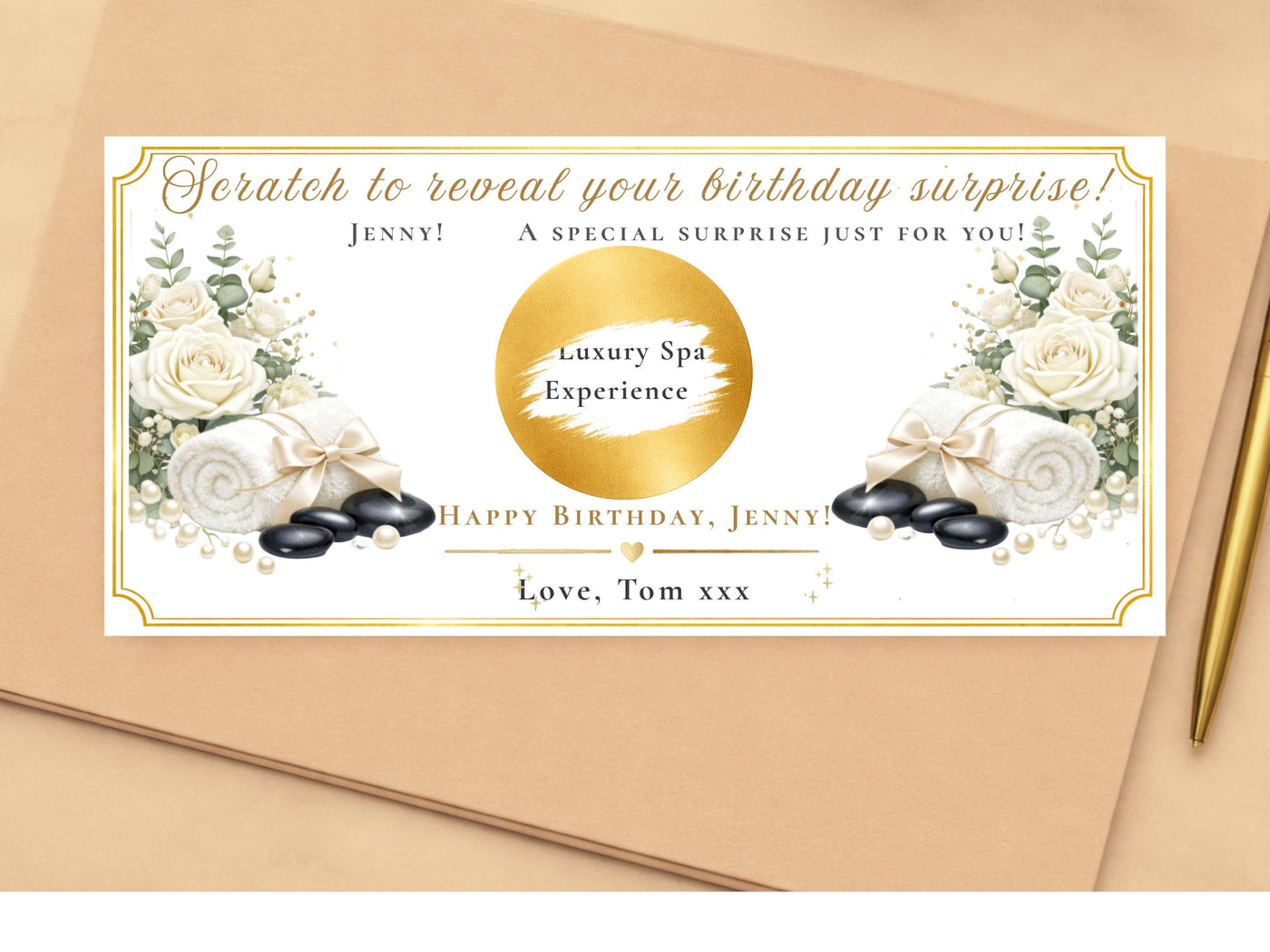 Personalised Spa Experience Reveal Card – Luxury White Rose & Hot Stone Surprise Gift