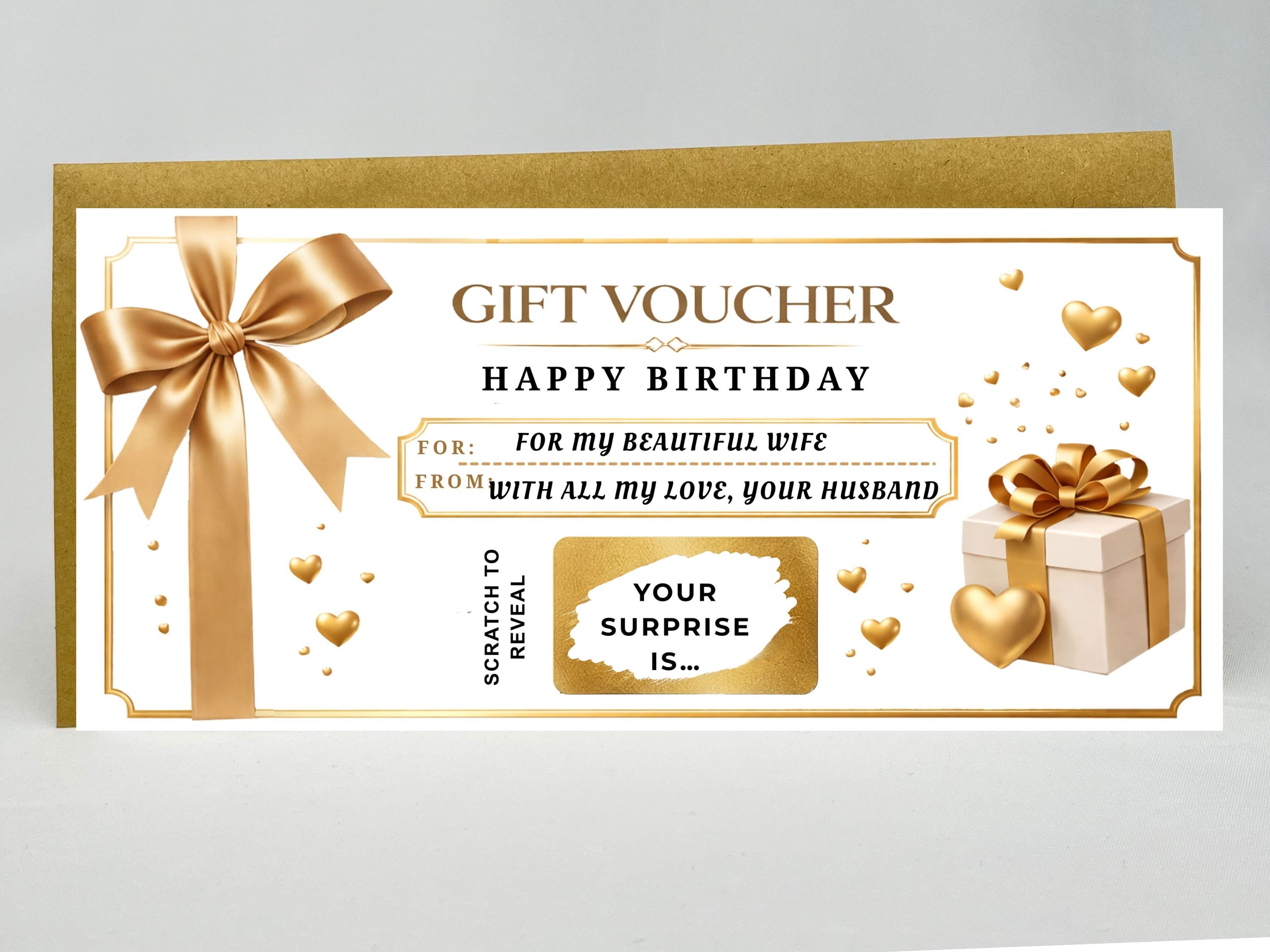 Personalised Luxury Birthday Gift Voucher Scratch Card – Gold Ribbon Reveal for Special Gifts