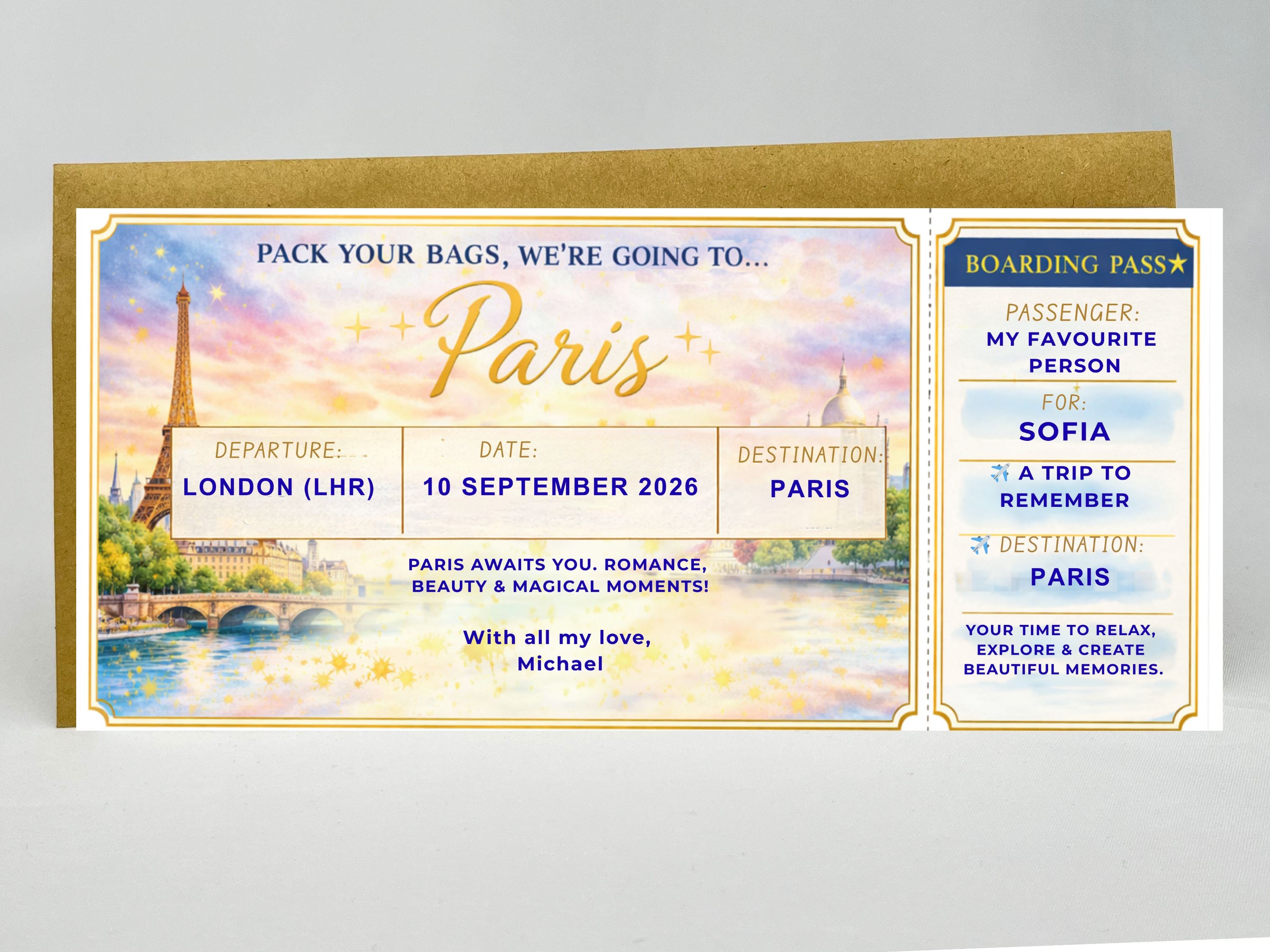 Personalised Surprise Trip Boarding Pass – Gold Scratch Reveal Ticket for Any Holiday Destination