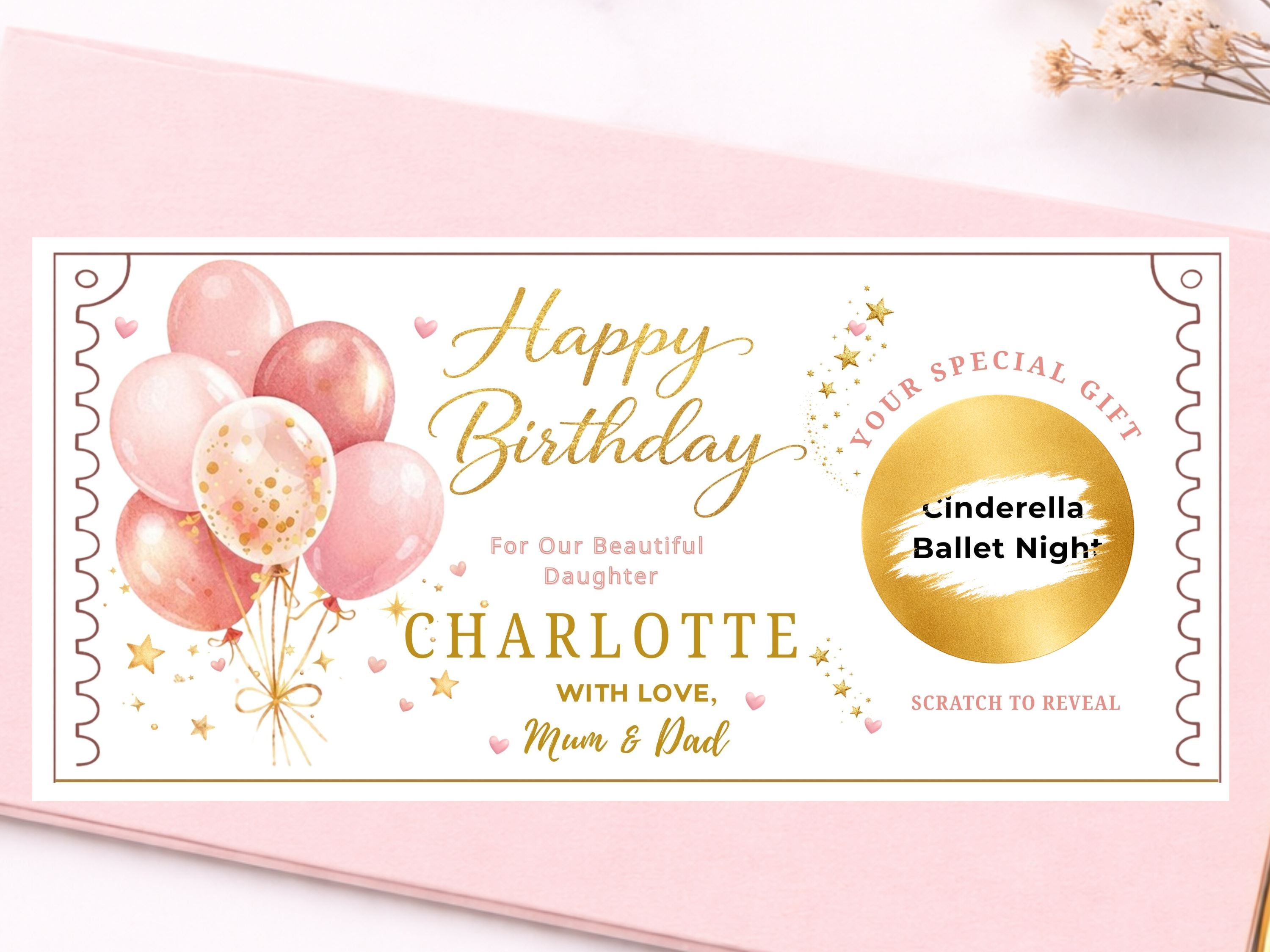 Personalised Pink Balloons Birthday Scratch Card - Pink and Gold