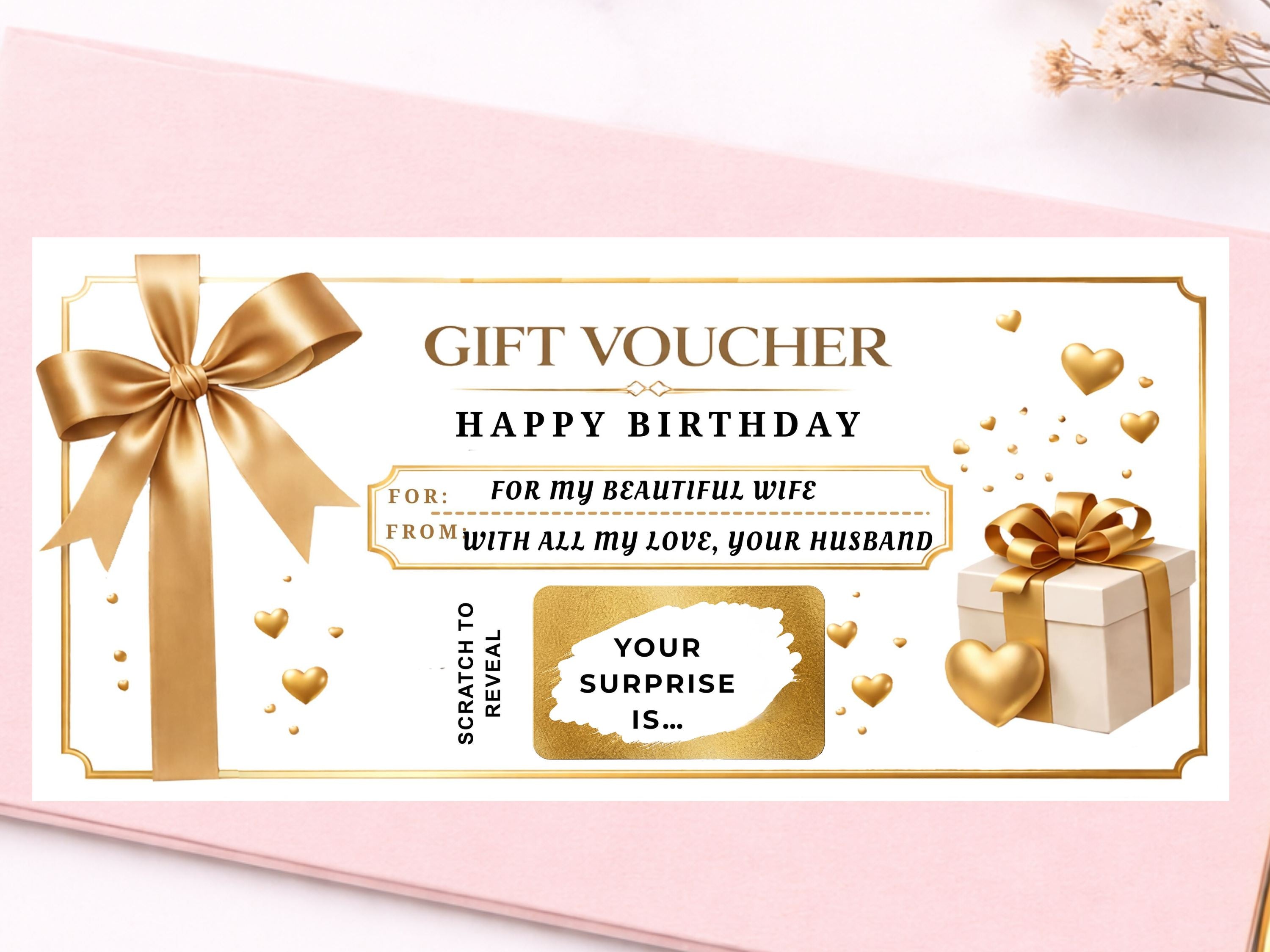 Personalised Luxury Birthday Gift Voucher Scratch Card – Gold Ribbon Reveal for Special Gifts
