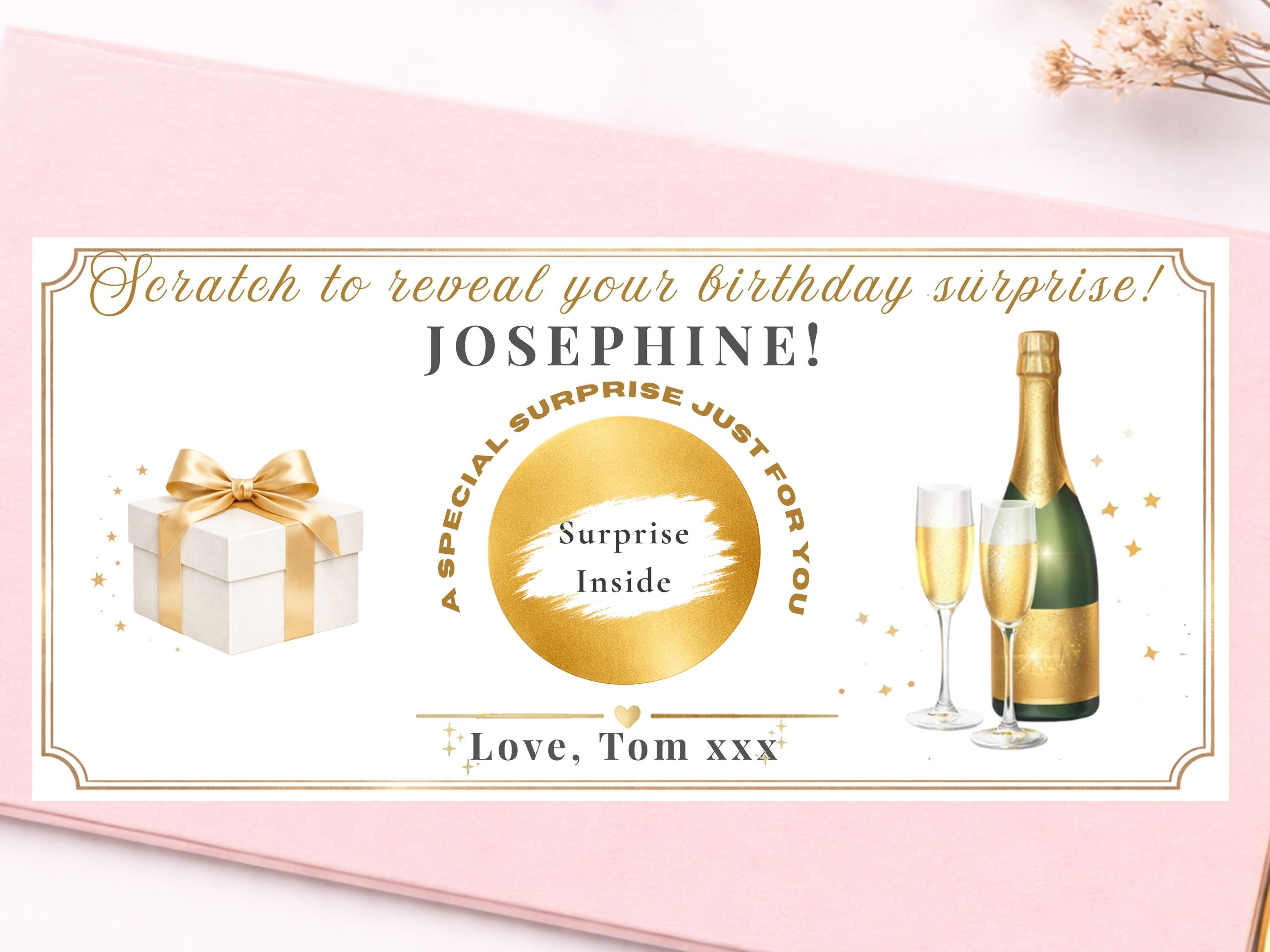 Personalised Champagne & Gift Birthday Scratch Card – Gold Reveal for Luxury Surprises