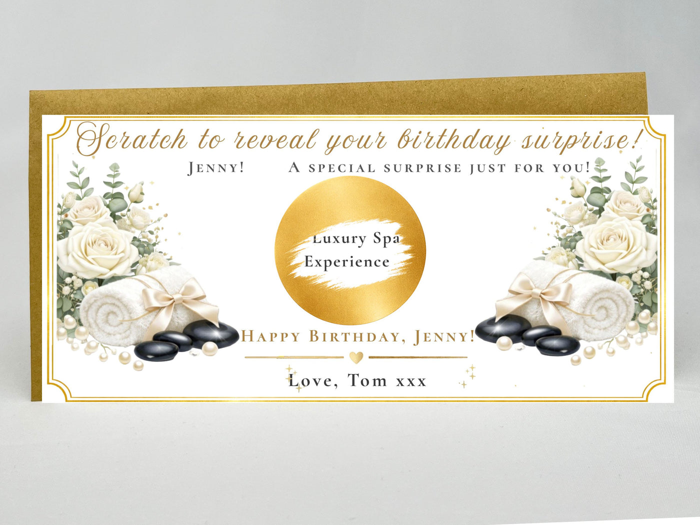 Personalised Spa Experience Reveal Card – Luxury White Rose & Hot Stone Surprise Gift