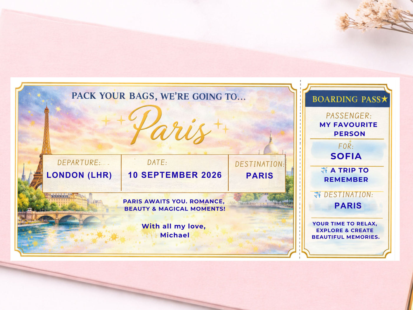 Personalised Surprise Trip Boarding Pass – Gold Scratch Reveal Ticket for Any Holiday Destination