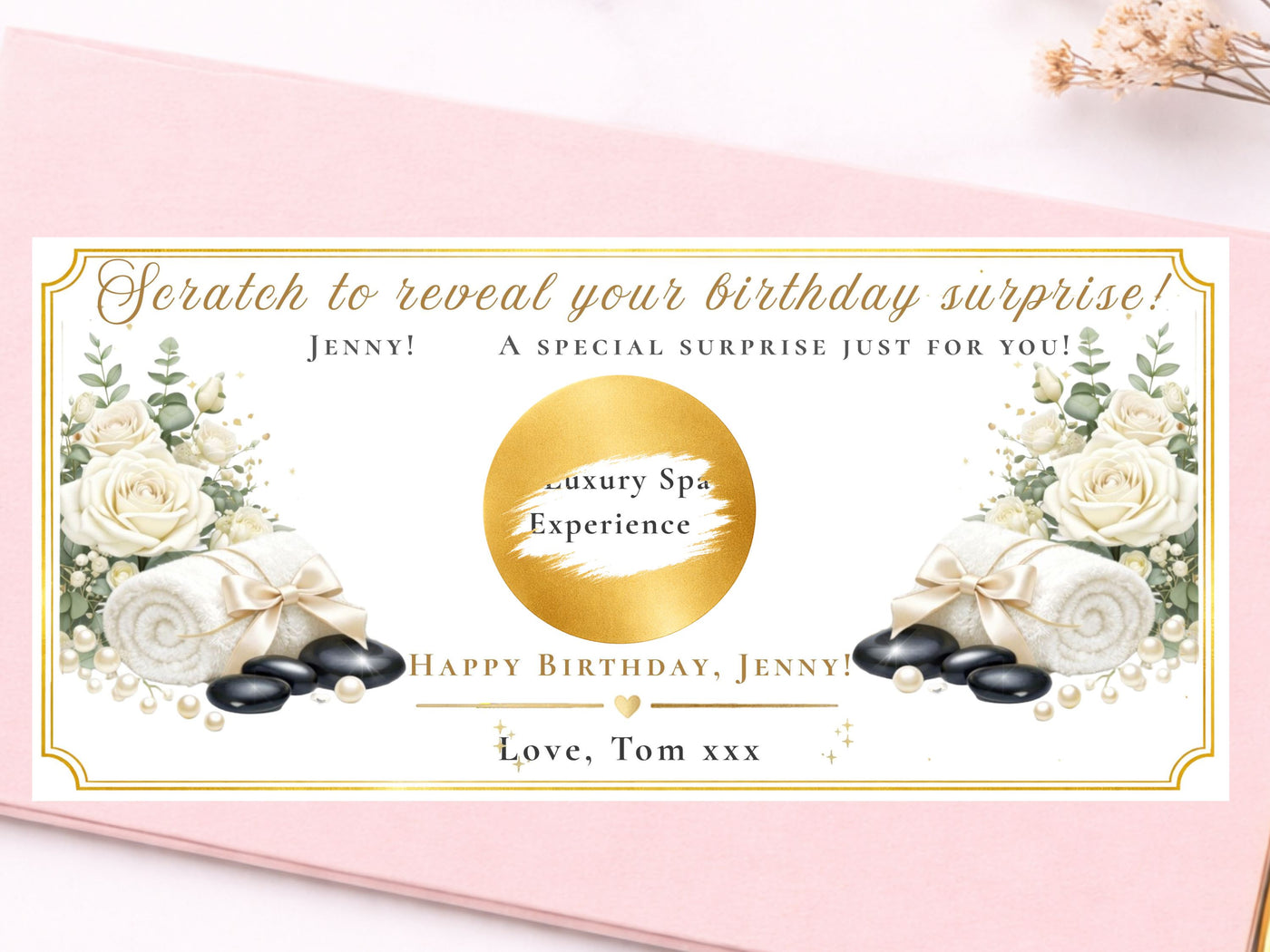Personalised Spa Experience Reveal Card – Luxury White Rose & Hot Stone Surprise Gift