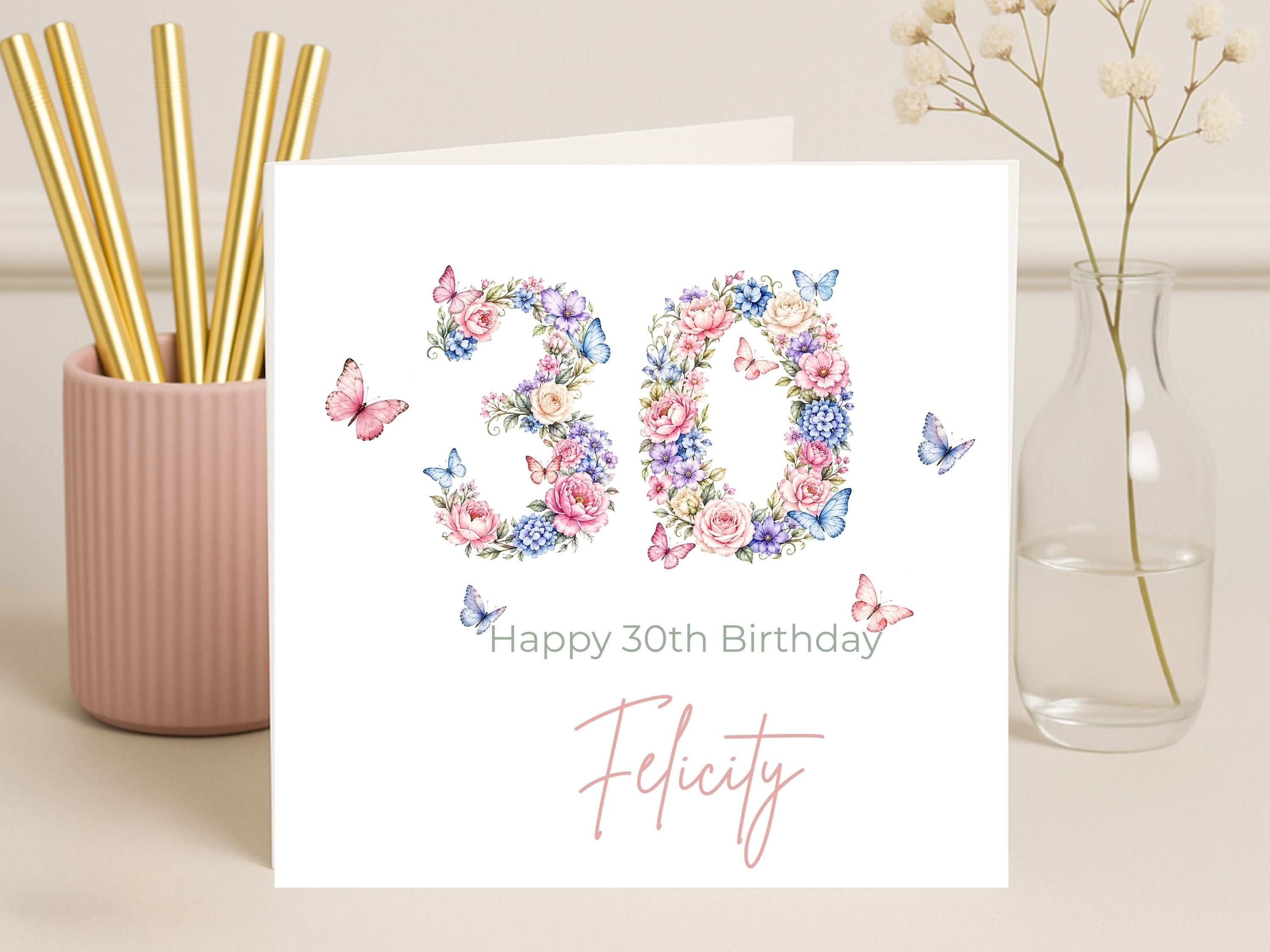 Personalised 30th Birthday Card for Her – Floral Number 30 with Butterflies, Custom Name Elegant Birthday Card