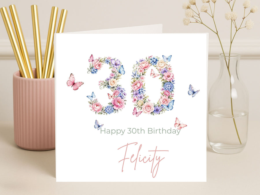 Personalised 30th Birthday Card for Her – Floral Number 30 with Butterflies, Custom Name Elegant Birthday Card