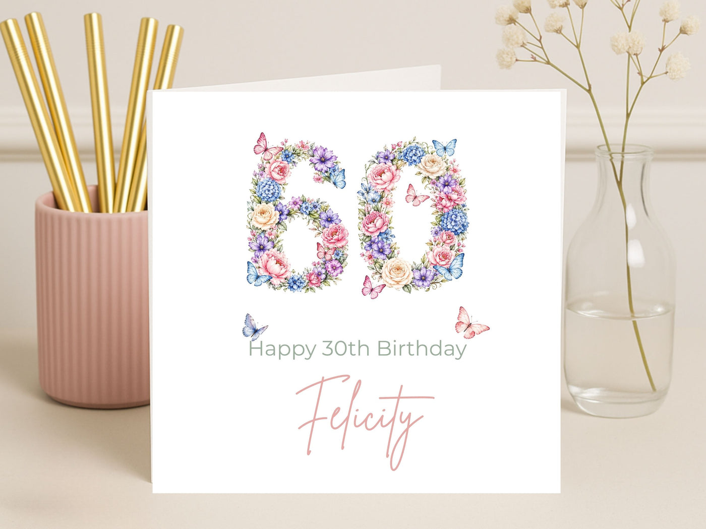Personalised 60th Birthday Card for Her – Floral Number 60 with Butterflies, Custom Name Elegant Card