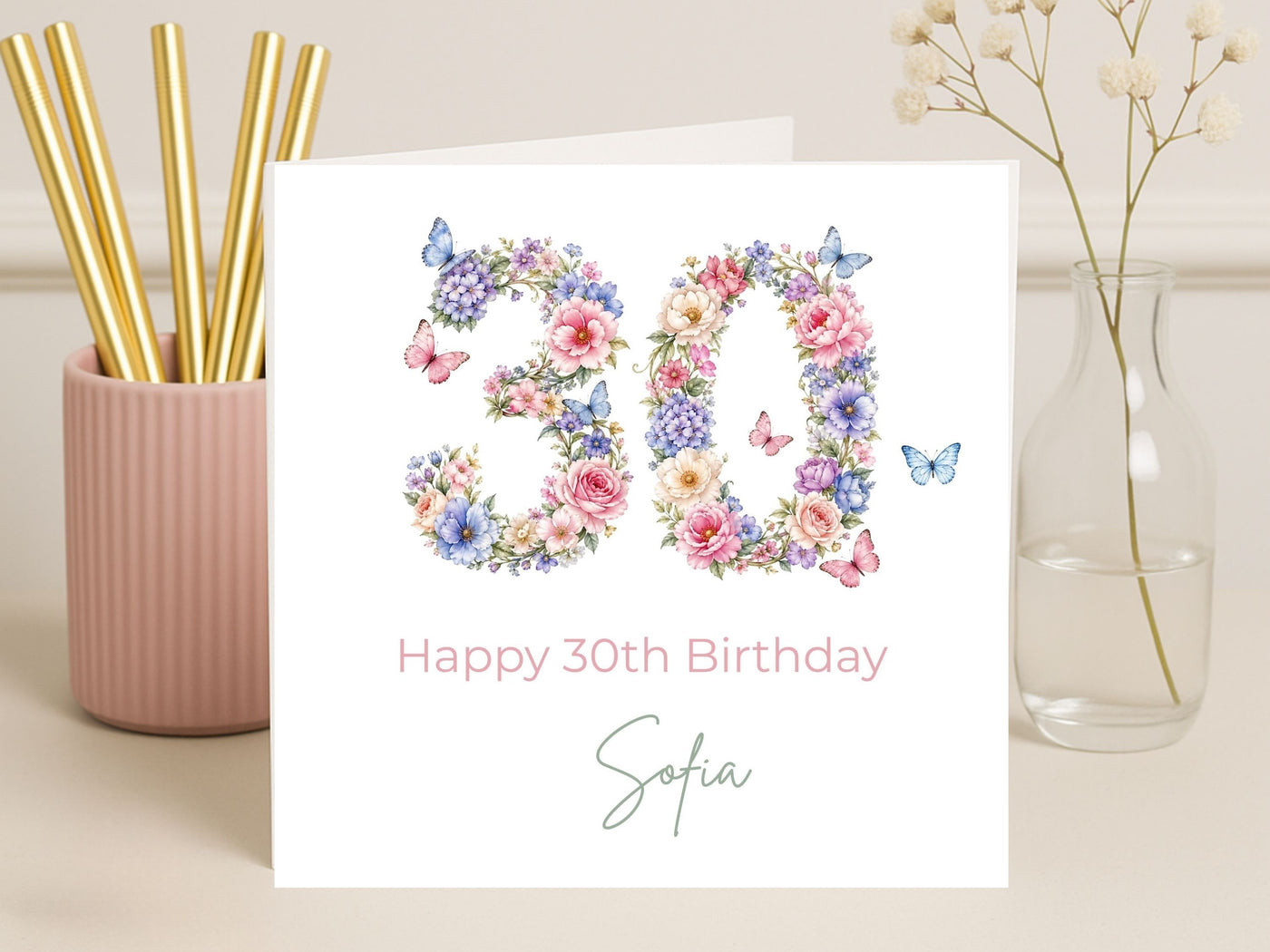 Personalised 30th Birthday Card for Her – Floral Number 30 Card with Butterflies, Custom Name Elegant Birthday Card