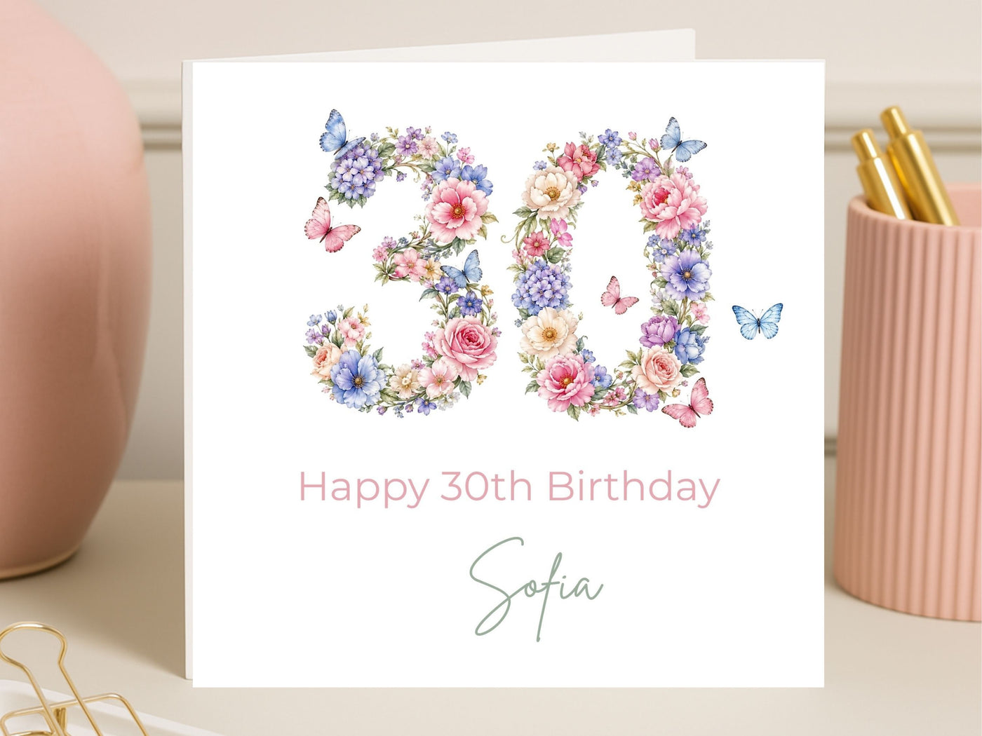 Personalised 30th Birthday Card for Her – Floral Number 30 Card with Butterflies, Custom Name Elegant Birthday Card