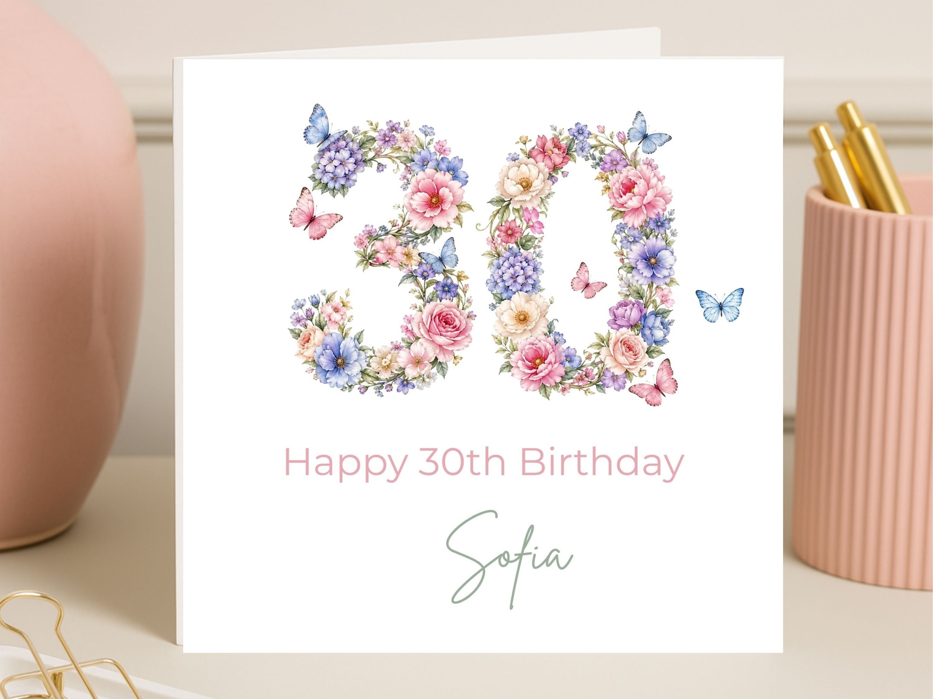 Personalised 30th Birthday Card for Her – Floral Number 30 Card with Butterflies, Custom Name Elegant Birthday Card