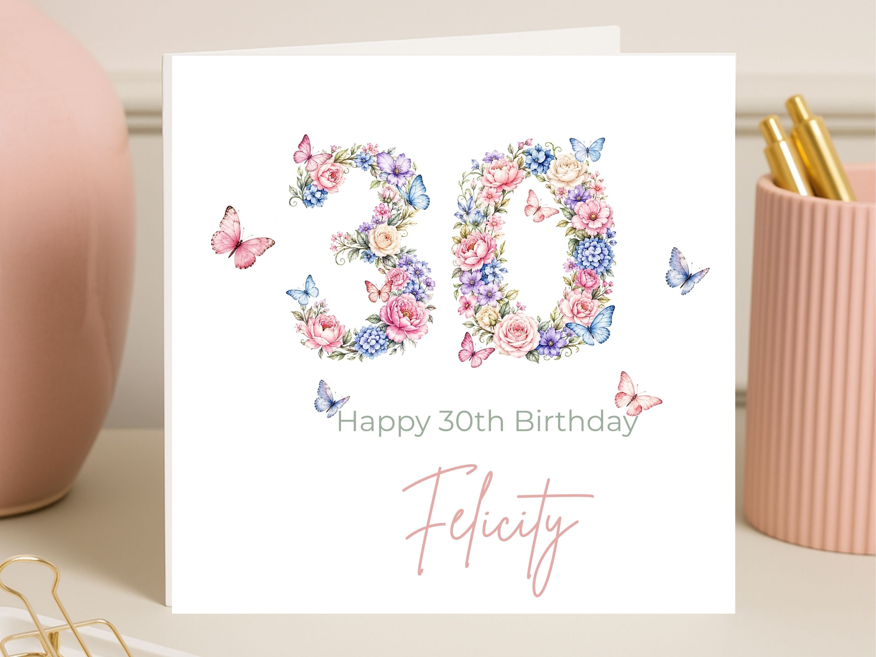 Personalised 30th Birthday Card for Her – Floral Number 30 with Butterflies, Custom Name Elegant Birthday Card