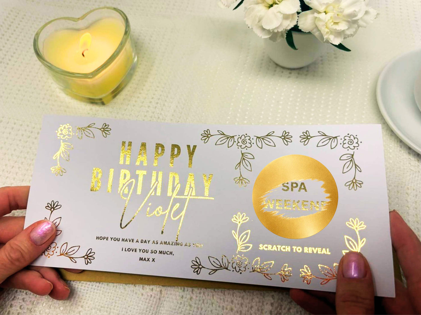 Floral Birthday Scratch Off Card, Personalised Surprise Voucher Gift
