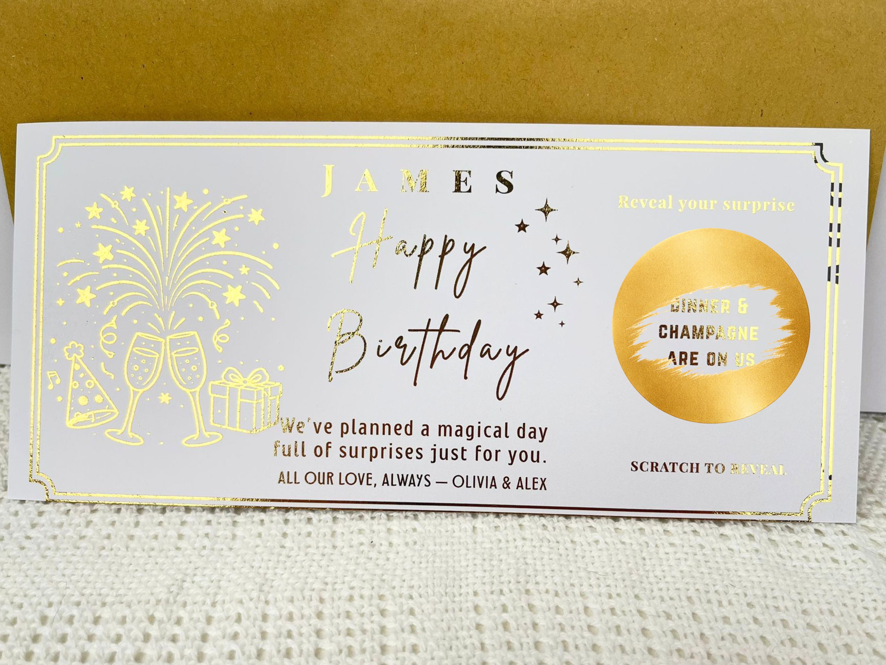 Birthday Scratch Off Card with Champagne, Personalised Surprise Voucher Gift