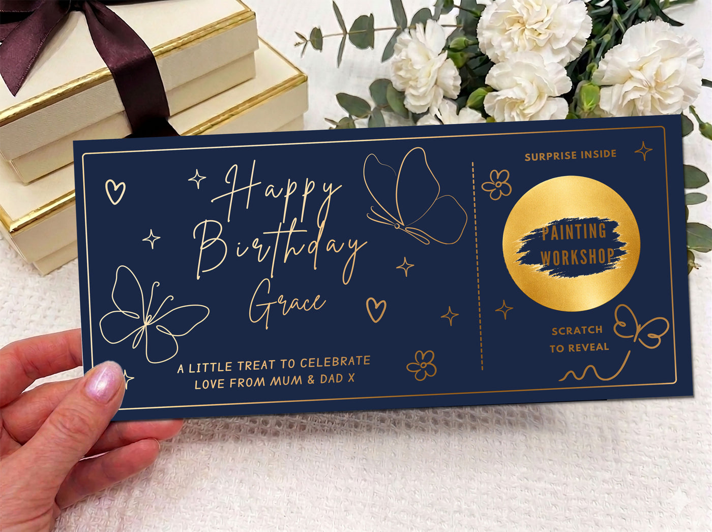 Personalised Butterfly Birthday Scratch Card - Luxury Floral Surprise Reveal Voucher