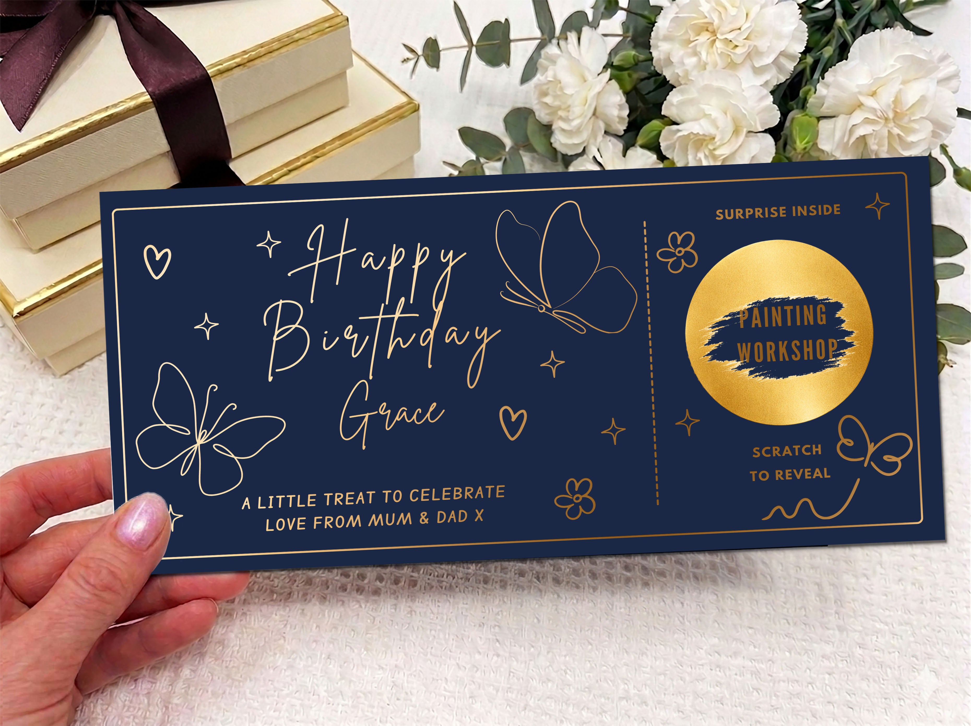 Personalised Butterfly Birthday Scratch Card - Luxury Floral Surprise Reveal Voucher