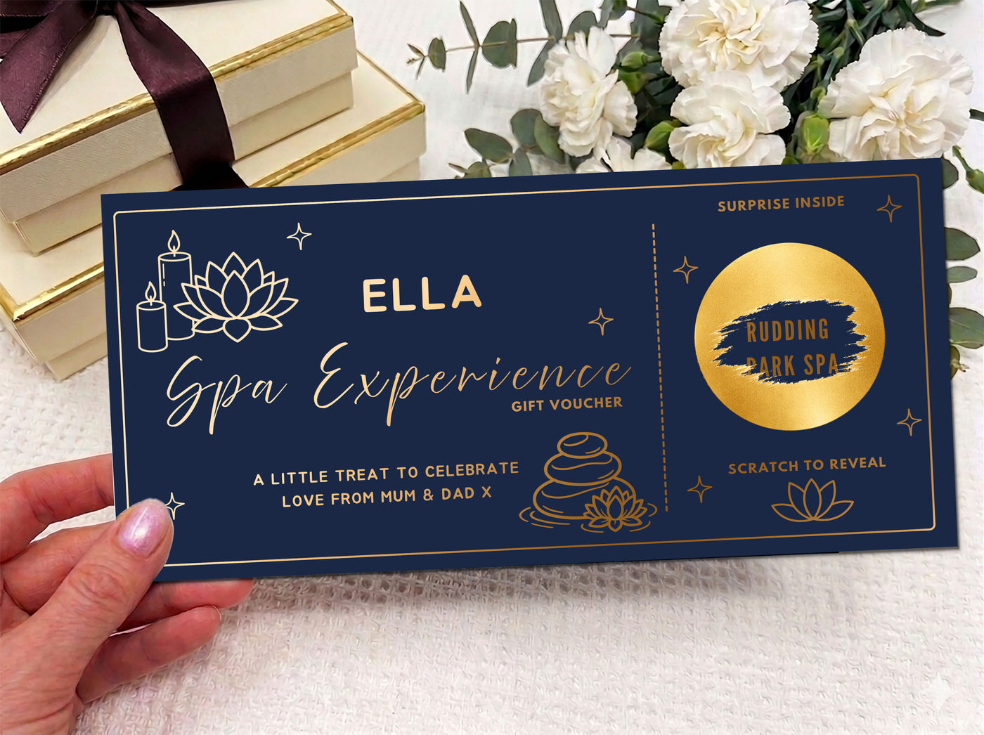 Personalised Spa Experience Gift Voucher - Luxury Gold Scratch Reveal Card
