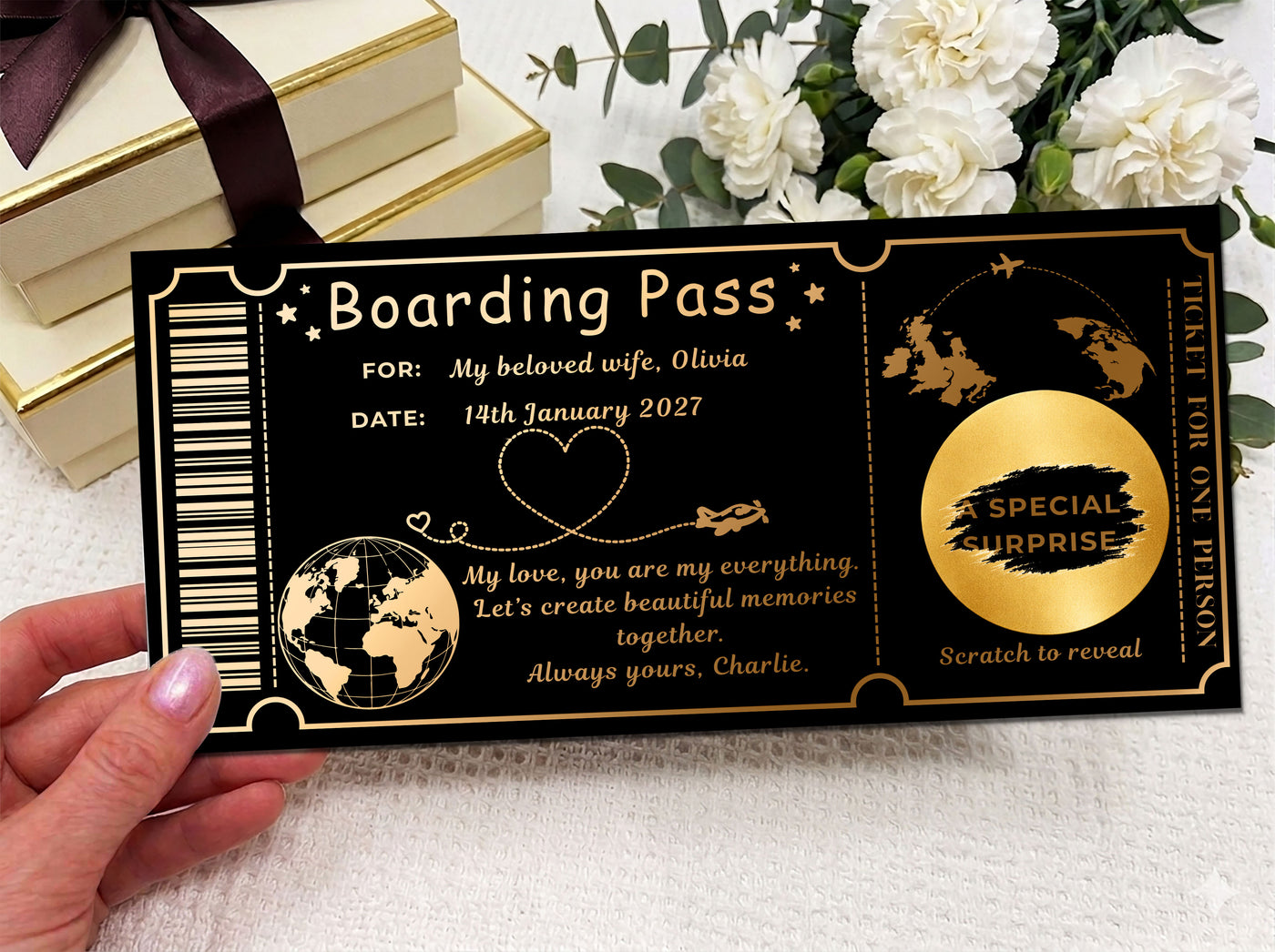 Personalised Romantic Boarding Pass Scratch Reveal - Gold Luxury Trip Ticket Voucher with Kraft Envelope