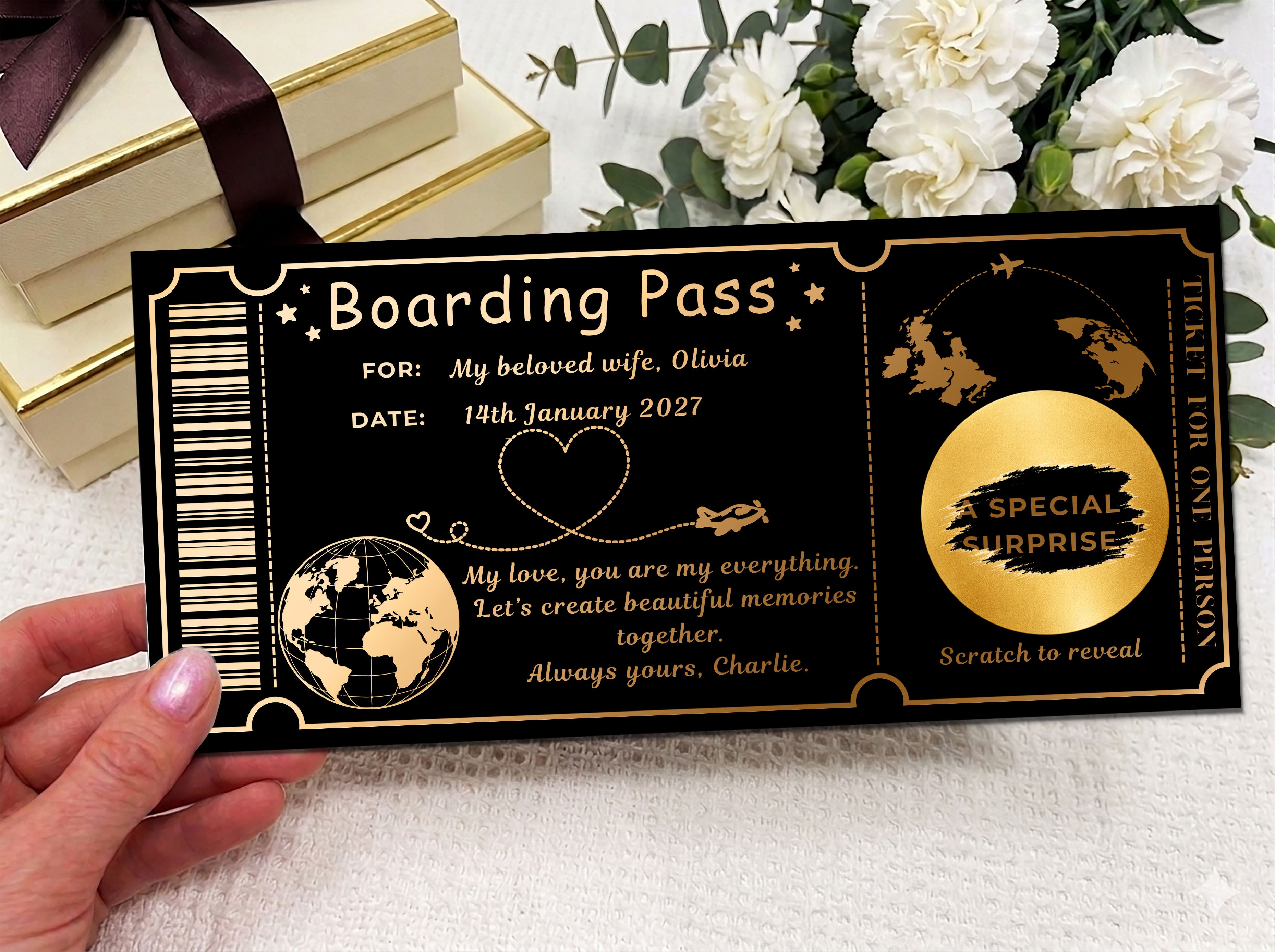 Personalised Romantic Boarding Pass Scratch Reveal - Gold Luxury Trip Ticket Voucher with Kraft Envelope