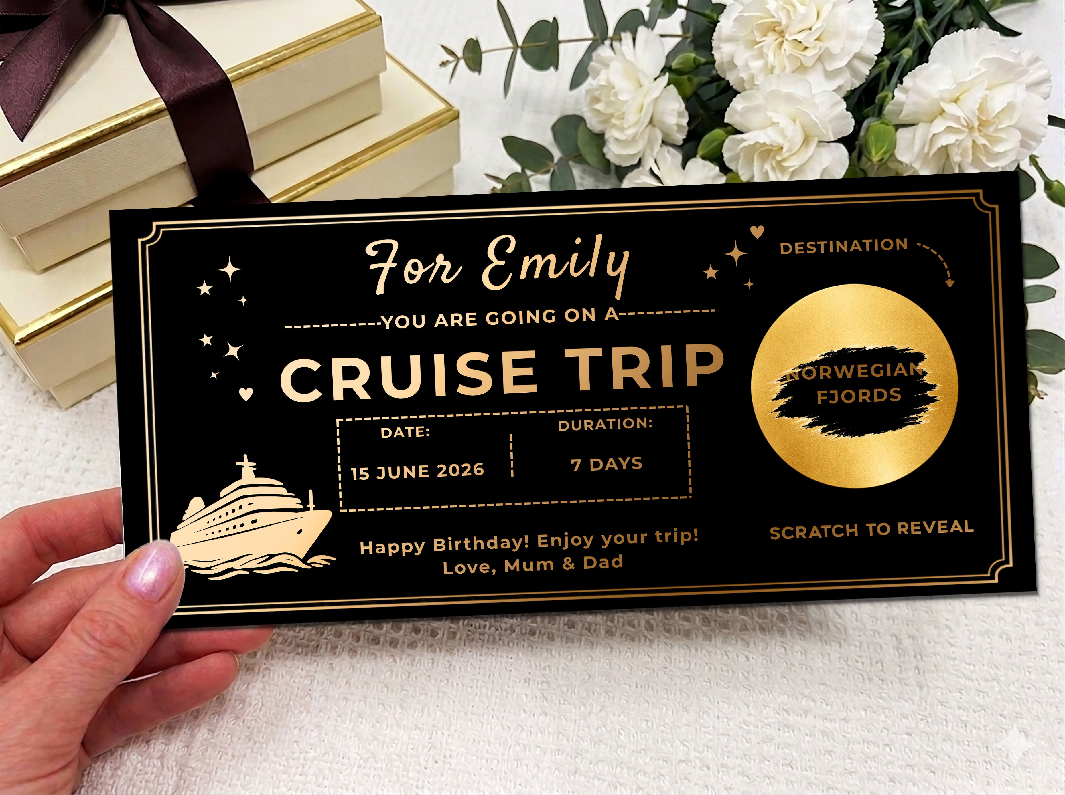 Personalised Cruise Trip Reveal Card - Luxury Gold Scratch Off Voyage Surprise Ticket