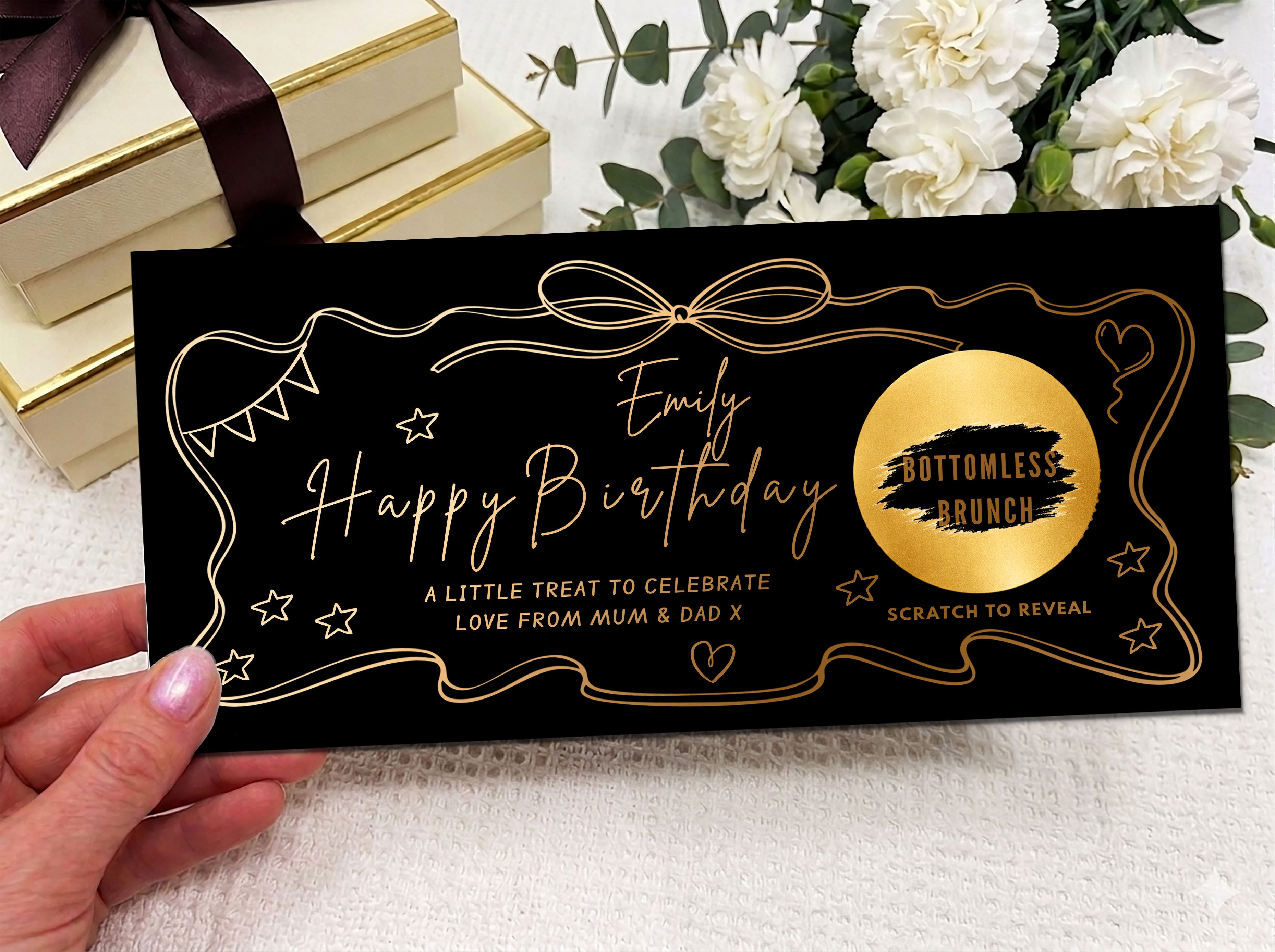 Personalised Luxury Birthday Scratch Card - Gold Line Art Surprise Reveal Voucher