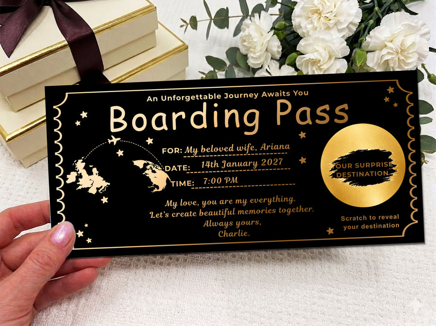 Personalised Holiday Reveal Boarding Pass - Luxury Scratch & Reveal Travel Ticket Voucher with Kraft Envelope