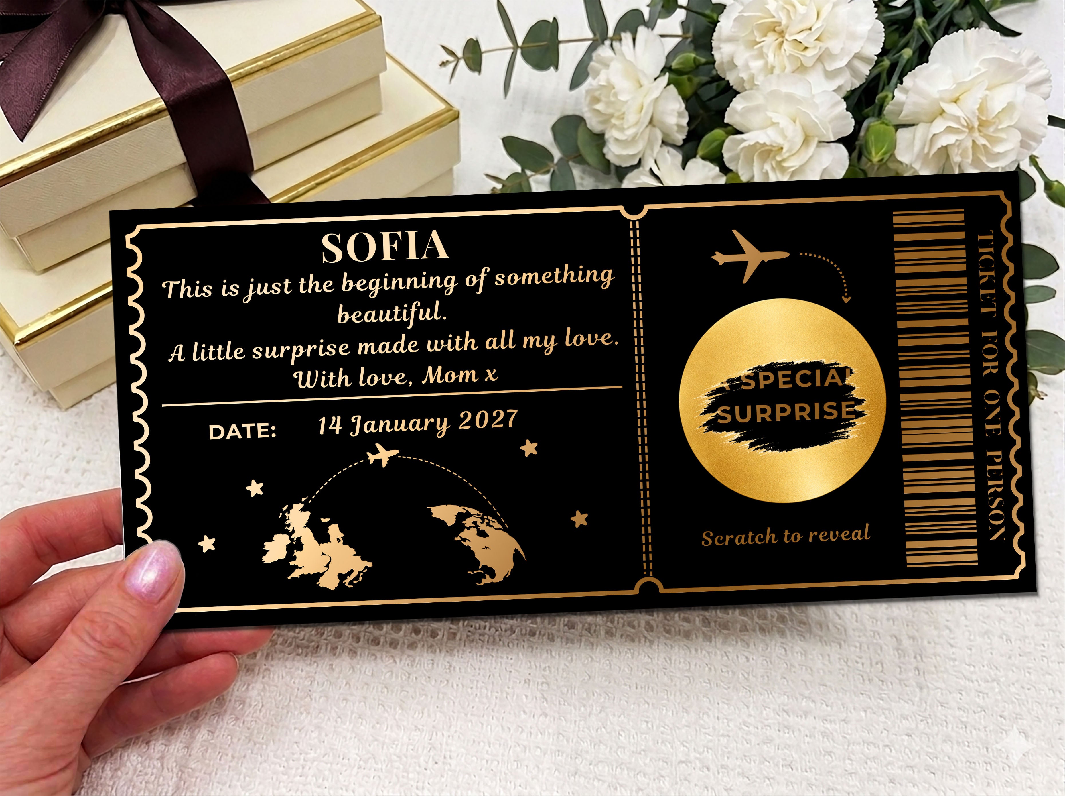 Personalised "Special Surprise" Scratch Reveal Ticket - Luxury Gold Event Style Voucher with Kraft Envelope