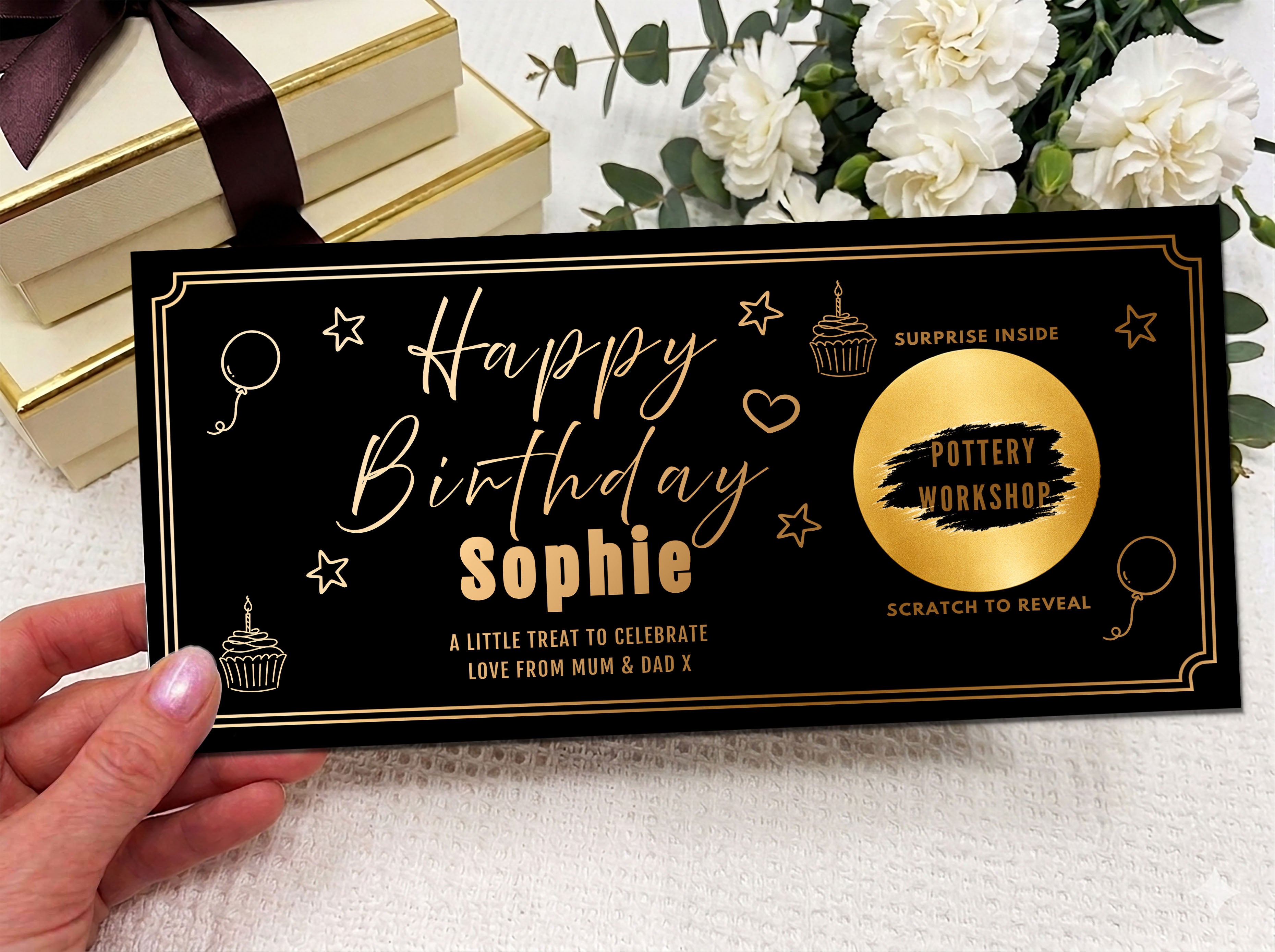 Personalised Black & Gold Art Deco Birthday Scratch Card - Luxury Experience Reveal Ticket