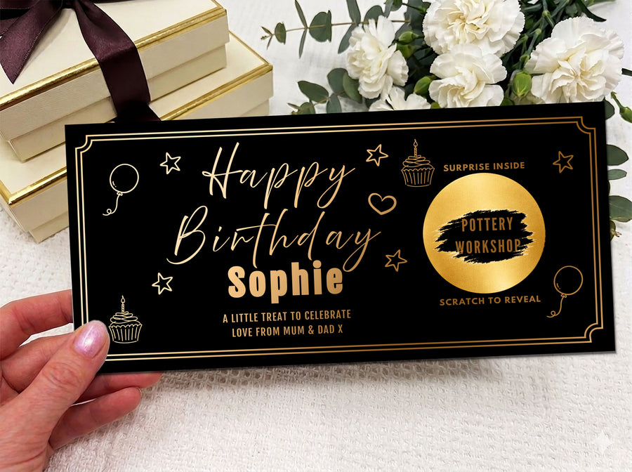 Personalised Black & Gold Art Deco Birthday Scratch Card - Luxury Experience Reveal Ticket