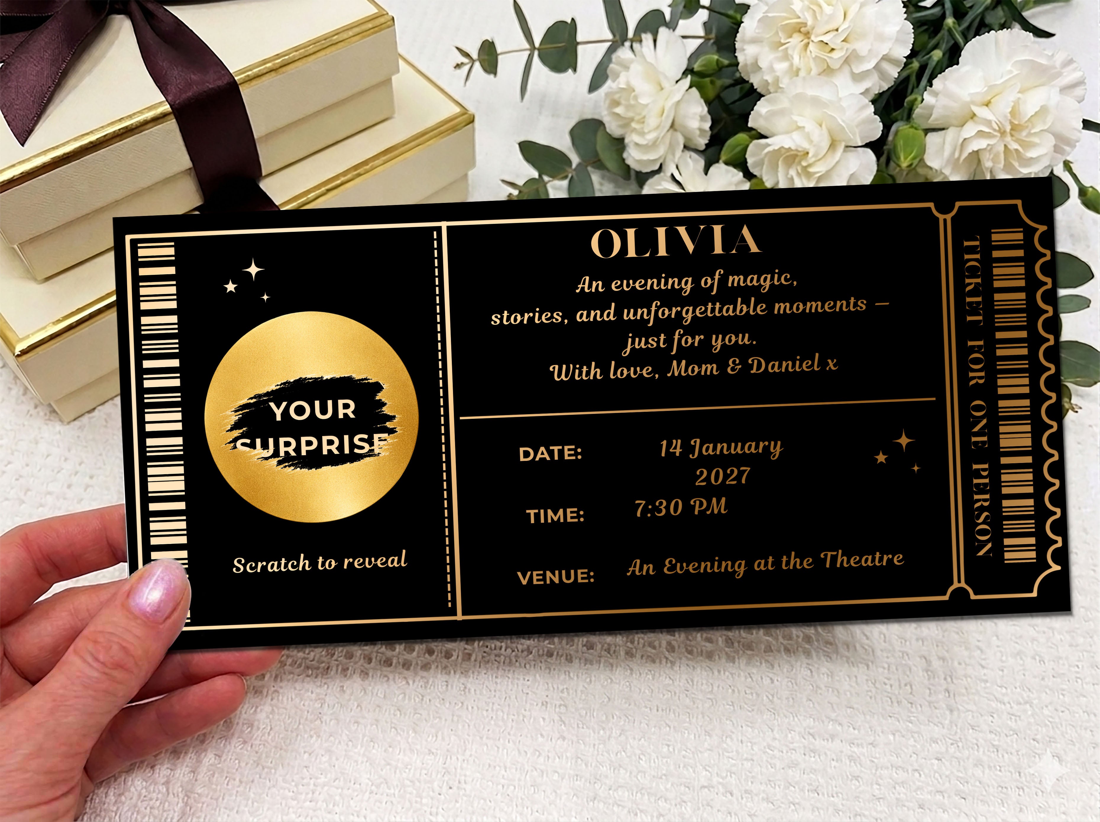 Personalised Theatre & Event Scratch Reveal Ticket - Luxury Gold Ticket Voucher for Concerts & Shows with Kraft Envelope